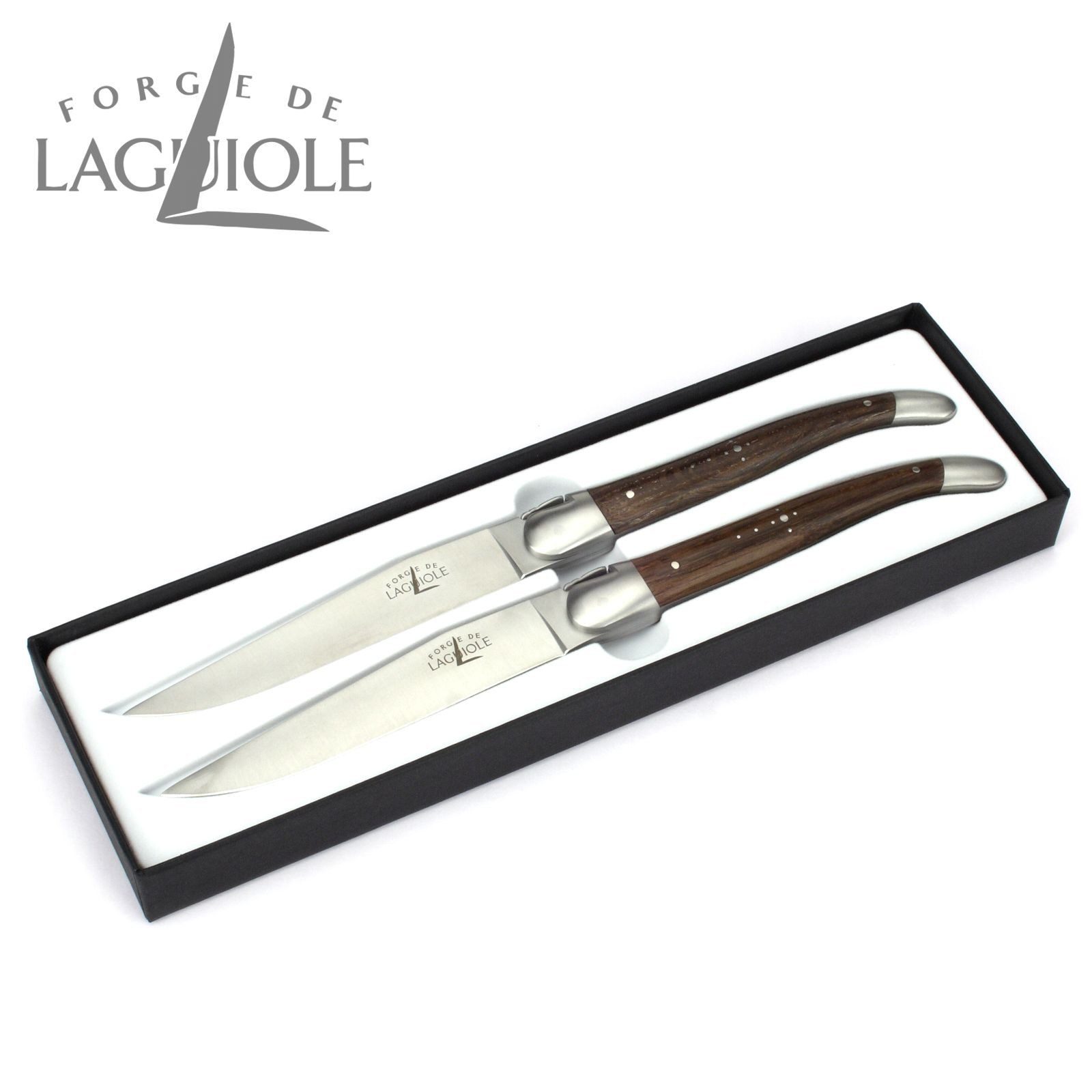 Forge de Laguiole Steakmesser T2 2M IN CHFC SAT 2er Set - Griff fossile Mooreiche - Stahl satiniert - Aufbewahrungsbox