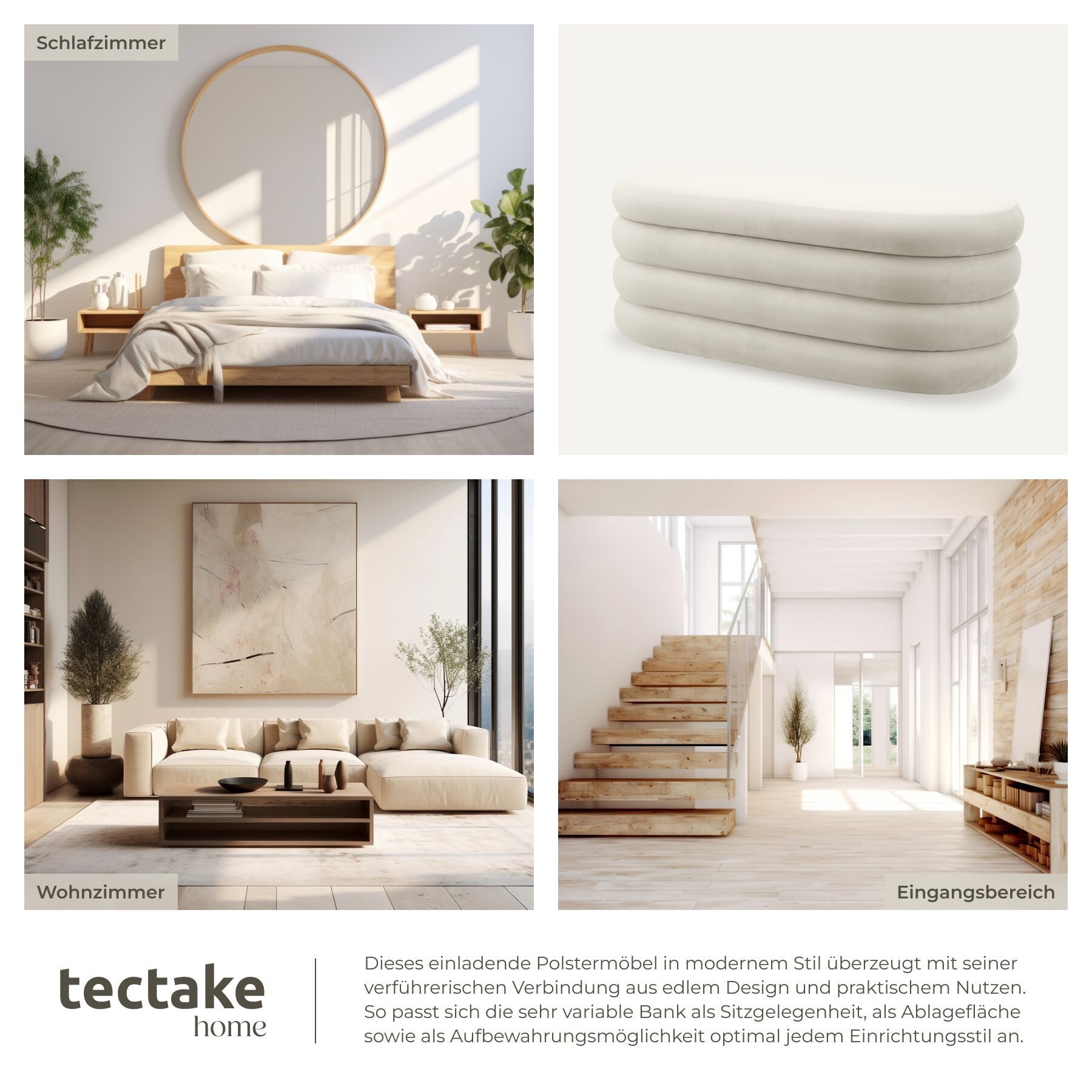 tectake Bank Gepolsterte Sitztruhe mit Stauraum 110 x 45 x 42 cm (Sitzmöbel mit Stauraum Altu, in Samtoptik creme-weiß), Belastbarkeit bis 150 kg, mit bodenscho – Bild 5 von 5