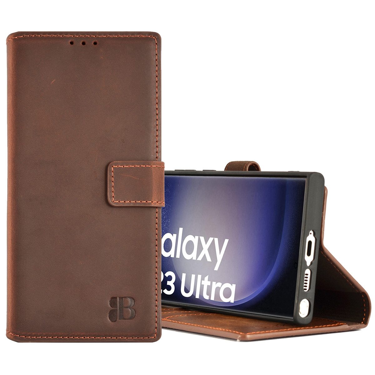 Burkley Handytasche Leder Book Cover für Samsung Galaxy S23 Ultra Handyhülle (1-tlg., Book Case Lederhülle mit Kartenfach und Magnetverschluss), Optimaler Rund-Um-Schutz inkl der Kartenfächer mit RFID / NFC Blocker;