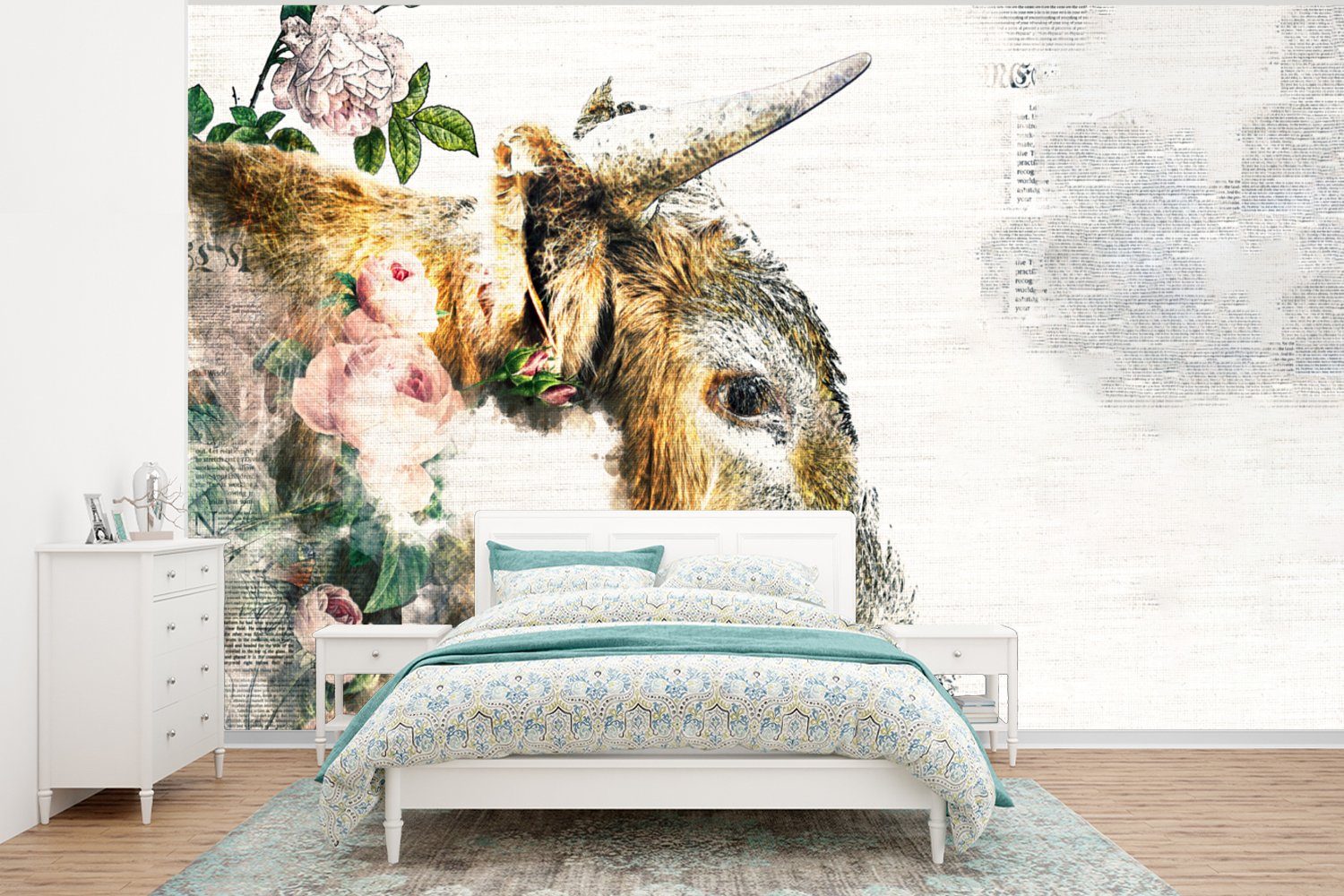 MuchoWow Fototapete Schottische Highlander - Blumen - Bleistift, Matt, bedruckt, (6 St), Wallpaper für Wohnzimmer, Schlafzimmer, Kinderzimmer, Vinyl Tapete