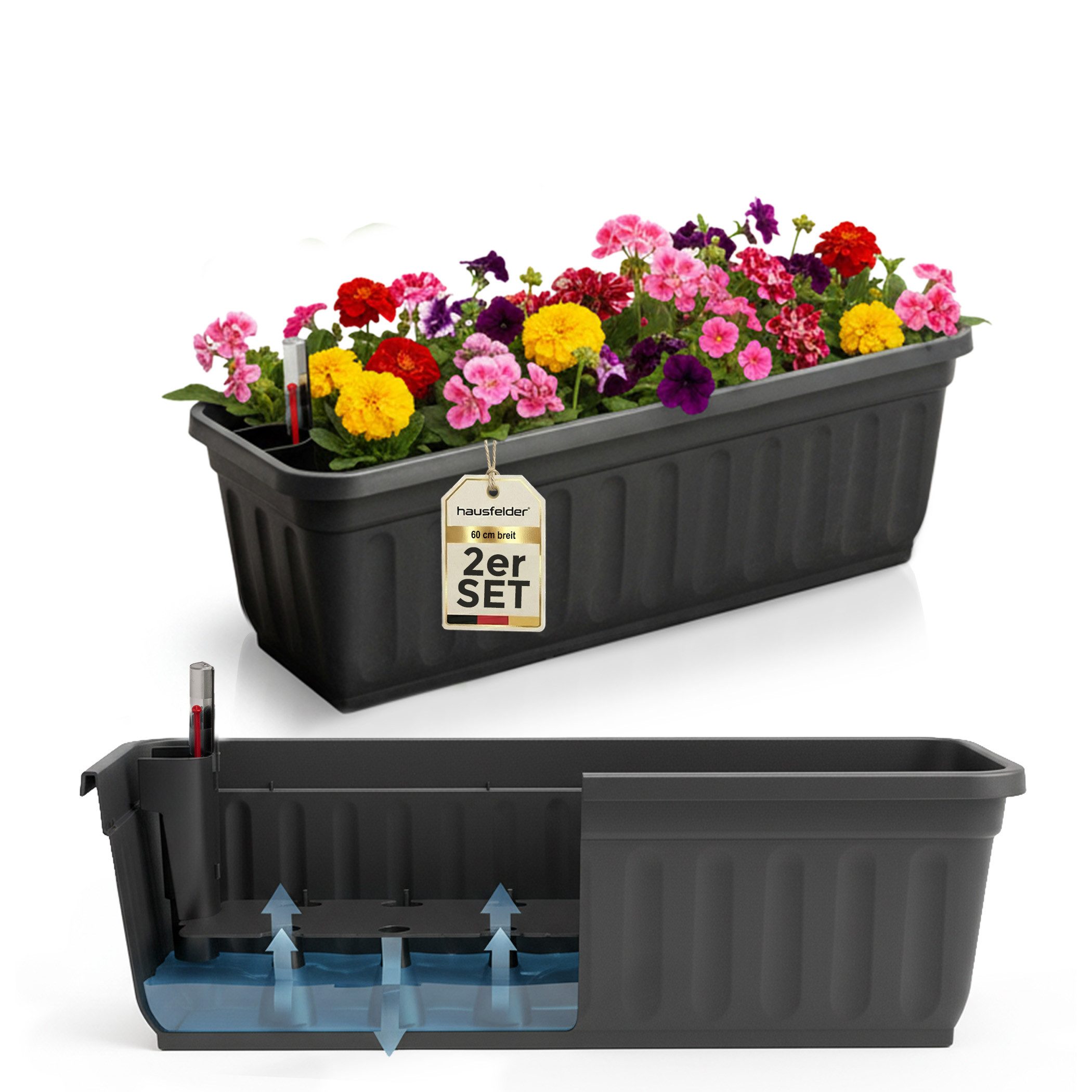 Hausfelder Blumenkasten Balkonkasten mit Wasserstandsanzeiger, Pflanzkasten 2er Set, 60cm (2er Set, 2 St., Jedes Set enthält: Füllstandsanzeiger, Boden, Pflanzkasten), Blumenkästen UV- und witterungsbeständig für innen und außen, matt