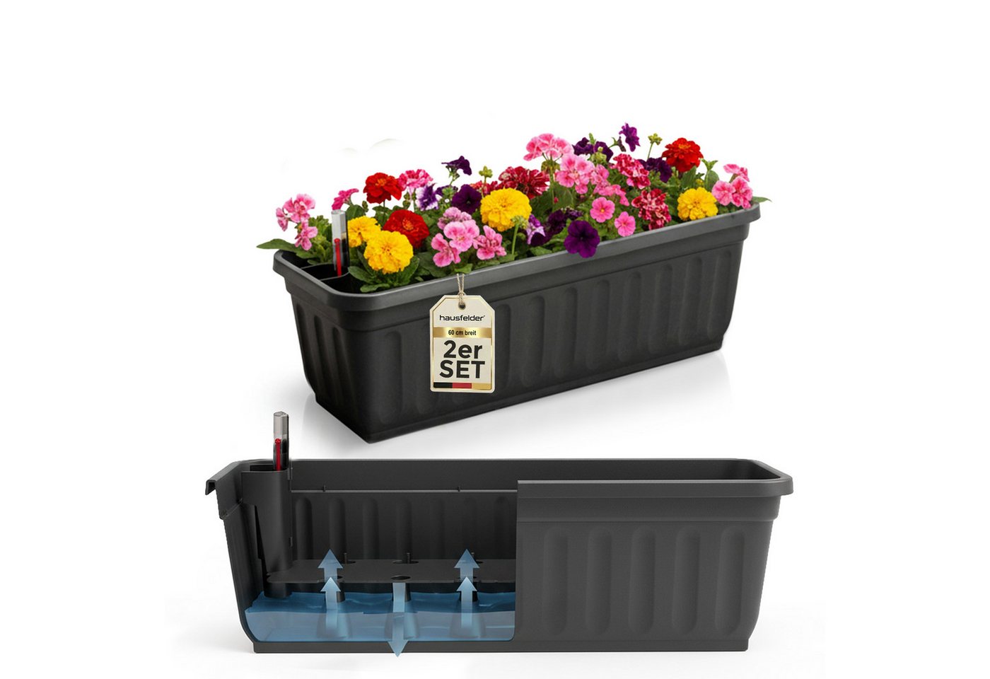 Hausfelder Blumenkasten Balkonkasten mit Wasserstandsanzeiger, Pflanzkasten 2er Set, 60cm (2er Set, 2 St., Jedes Set enthält: Füllstandsanzeiger, Boden, Pflanzkasten), Blumenkästen UV- und witterungsbeständig für innen und außen, matt