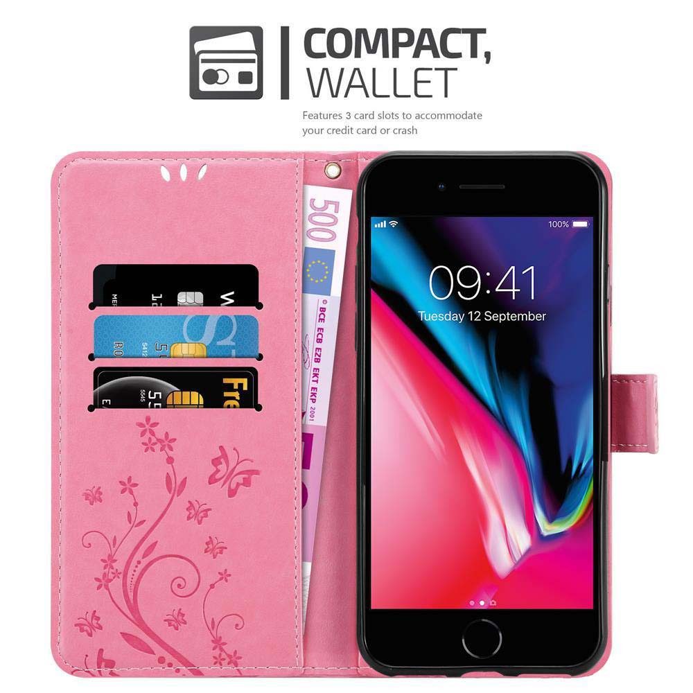 Cadorabo Handyhülle für iPhone 7 / 7S / 8 / SE 2020 Hülle Apple iPhone 7 / 7S / 8 / SE 2020, Hülle Schutzhülle Blumen Flower mit Standfunktion Kartenfach Magnet