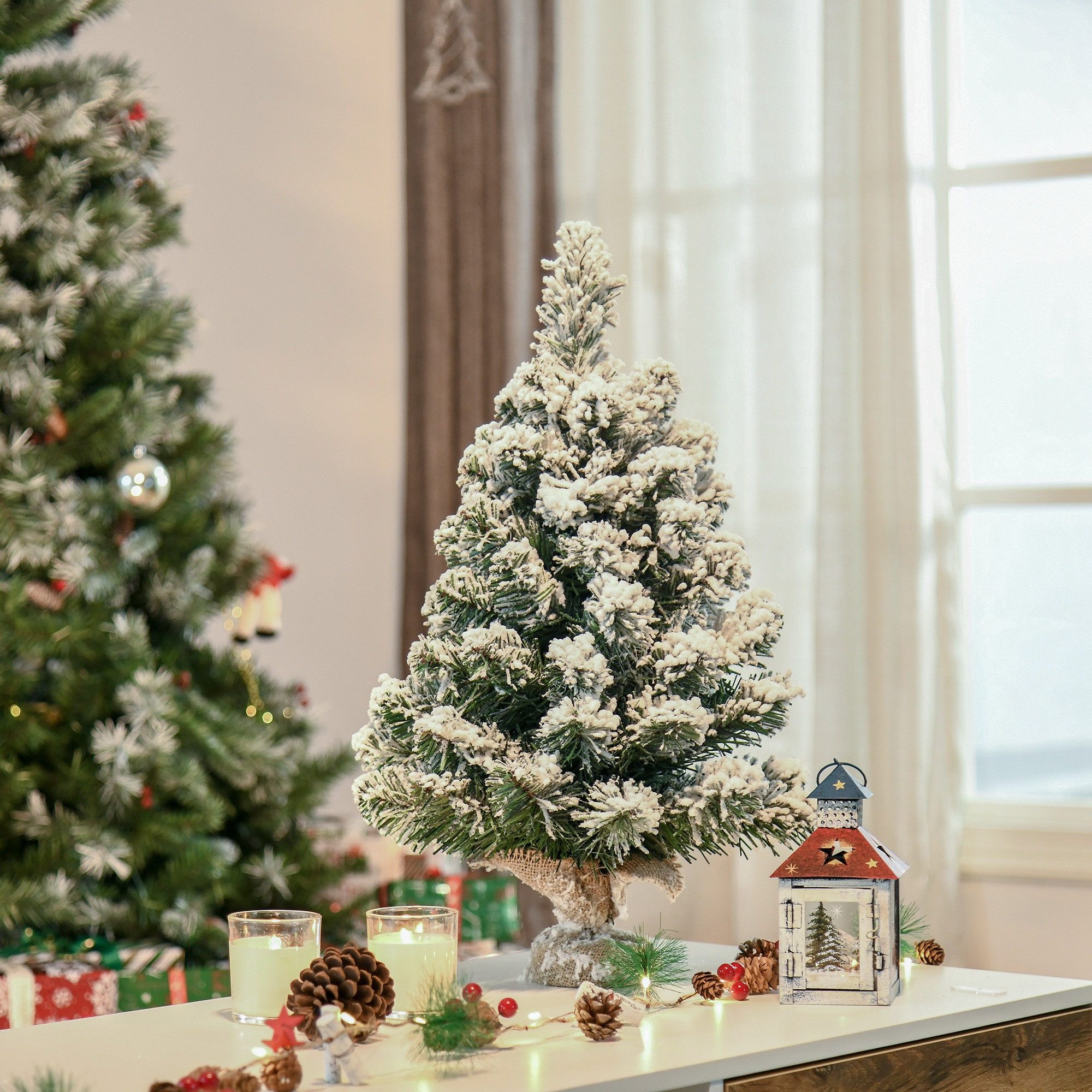 HOMCOM Künstlicher Weihnachtsbaum Mini Tisch-Christbaum mit Schnee, 170 Spitzen Mini Christbaum, Tanne, für Weihnachten Deko, Grün