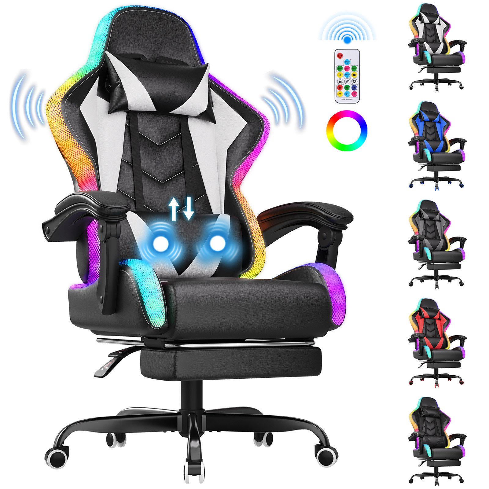 HOMALL Gaming-Stuhl mit LED,Ergonomisch,Fußstütze,computerstuhl,gaming stuhl mit massage (Die LED-Beleuchtung ist einstellbar, das Massagekissen für den Rücken ist beweglich), Ergonomischer Bürostuhl,Kopfstütze und Lendenstütze
