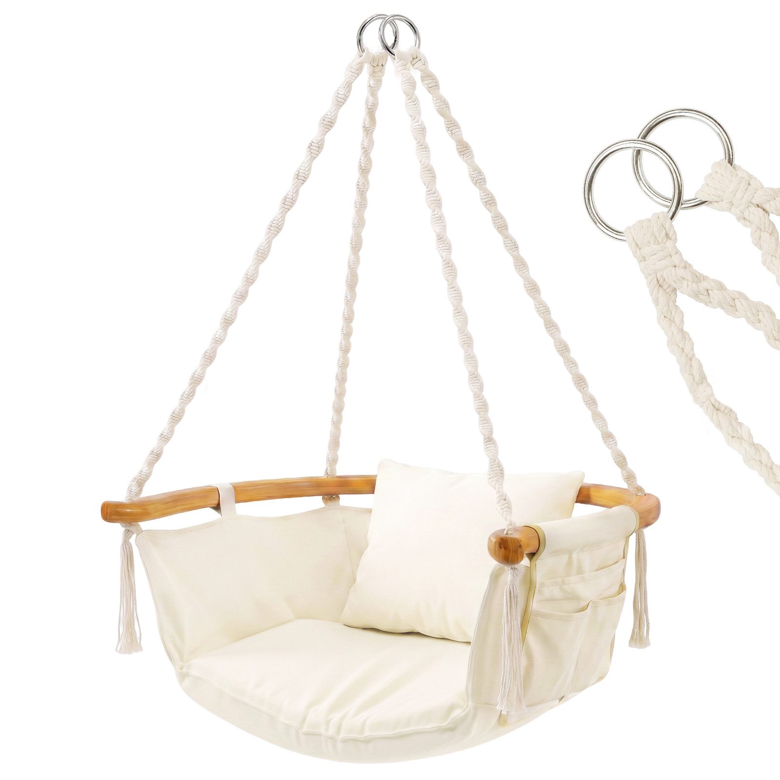 Sekey Hängesessel Hängesessel Hängestuhl Hängeschaukel mit Kissen bis 120 kg, Hängesitz mit Seitentasche Garten Terrasse Wohnzimmer Indoor Outdoor