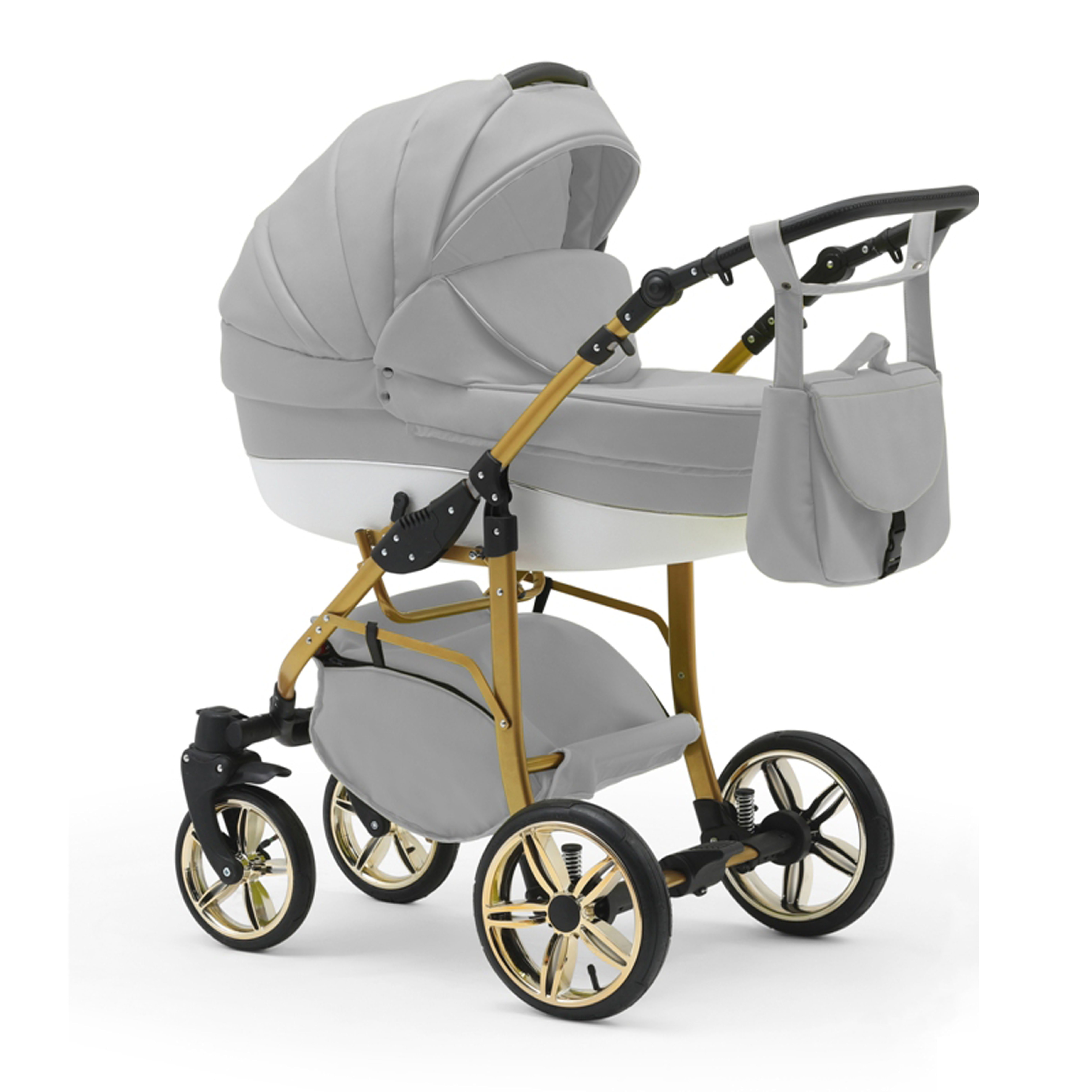 babies-on-wheels Kombi-Kinderwagen 2 in 1 Kinderwagen-Set Cosmo ECO Gold - 13 Teile - in 46 Farben Hellgrau-Weiß