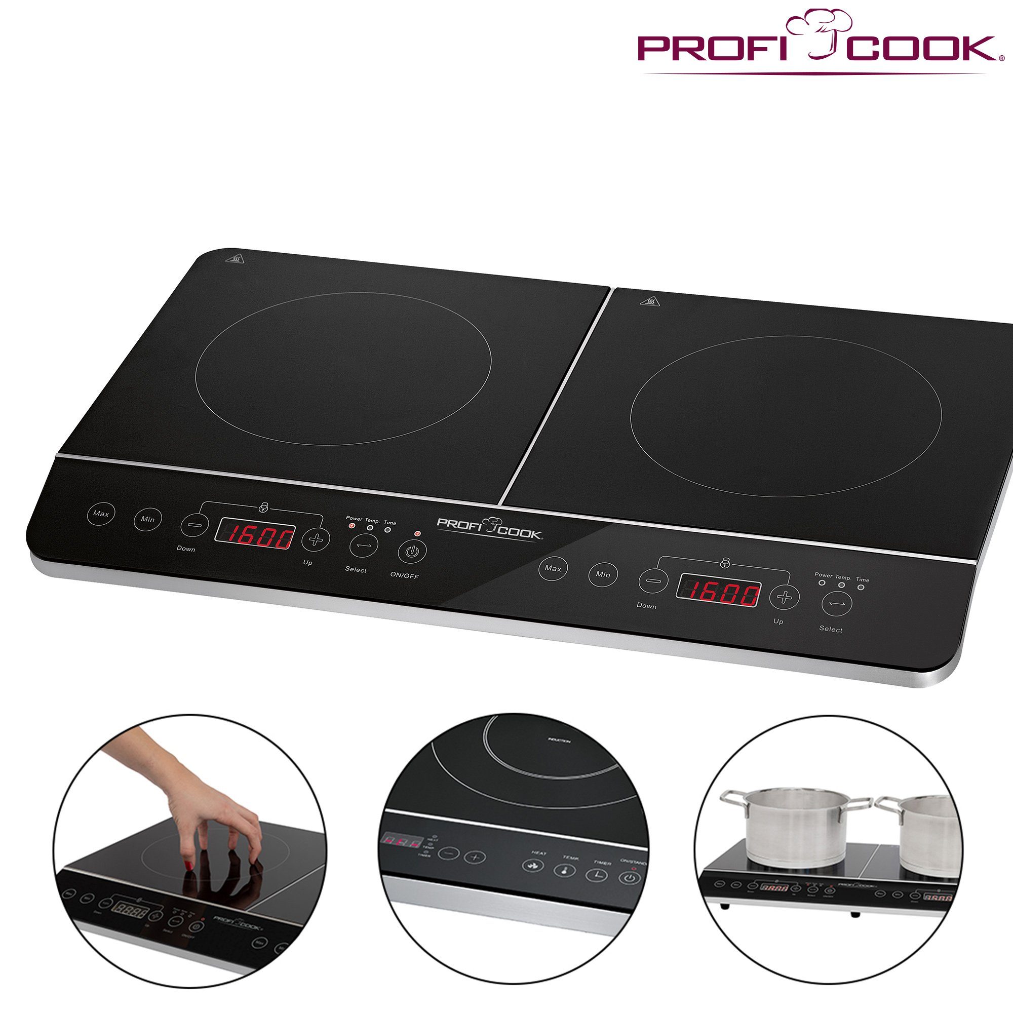 ProfiCook Doppel-Induktionskochplatte PC-DKI 1067, Kratzfeste, glatte Kochfläche, 6 Leistungs- und 10 Temperaturstufen