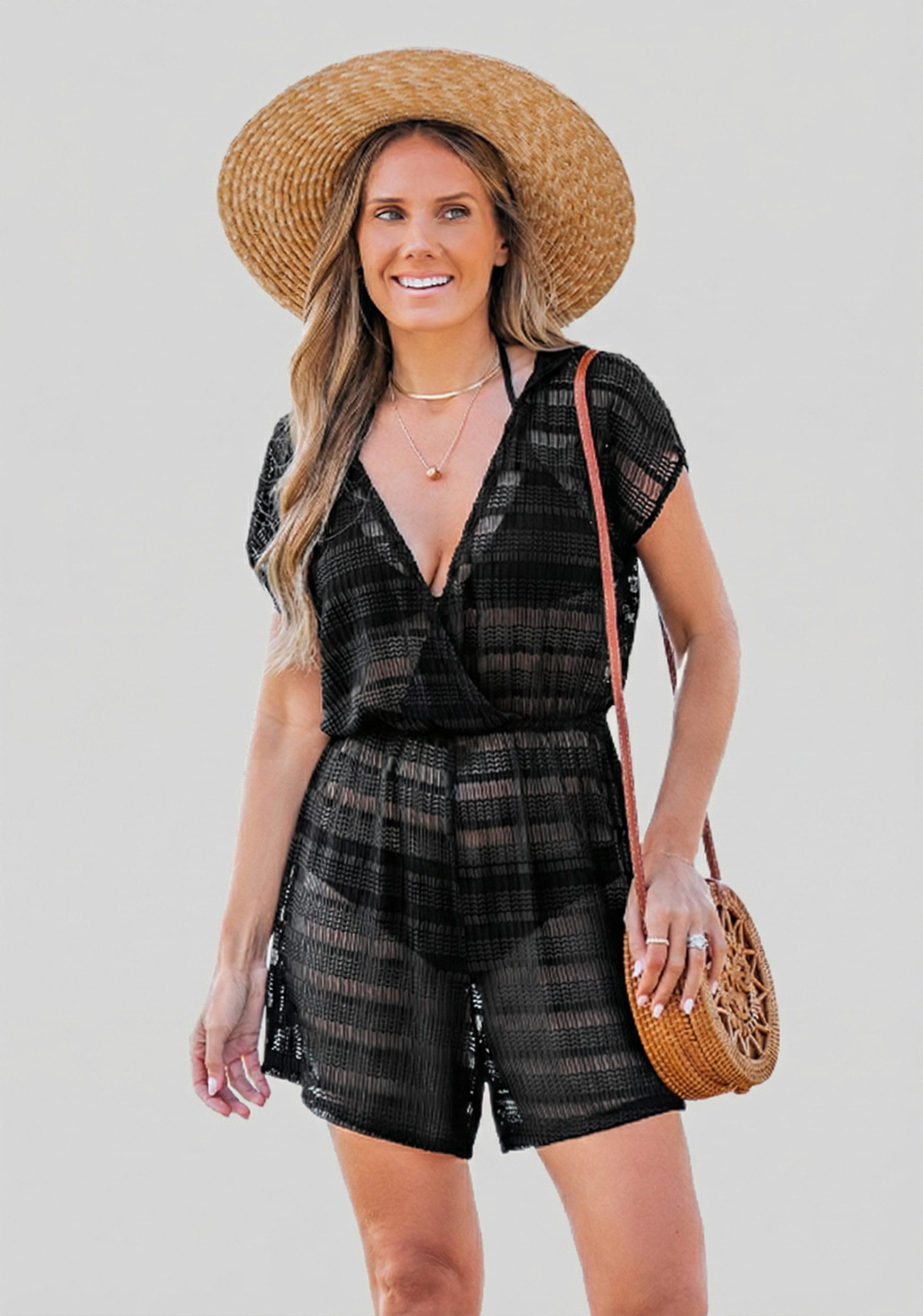 Cupshe Strandoverall Badeanzug Kurzarm V-Ausschnitt günstig online kaufen