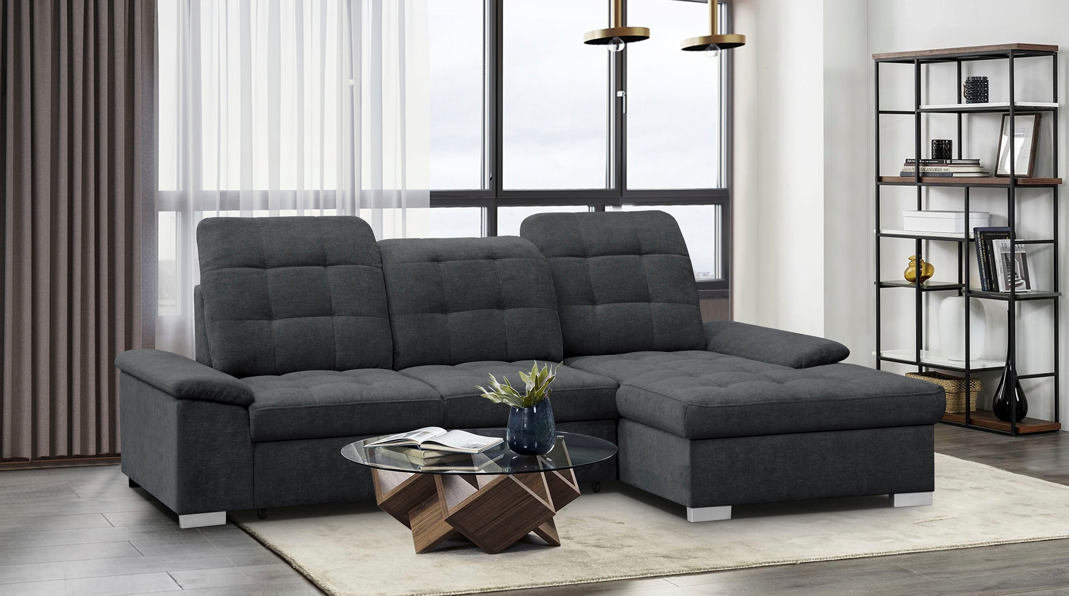 WERK2 Ecksofa Carmen, mit Bettfunktion & Bettkasten, optional Sitztiefenverstellung, mit Sitztiefenverstellung, Struktur weich, anthrazit