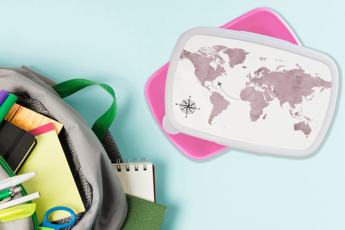 Brotbox Mädchen, Weltkarte (2-tlg), - Kinder, Rosa Snackbox, Erwachsene, Kunststoff - MuchoWow für Kunststoff, Windrose, Brotdose Lunchbox