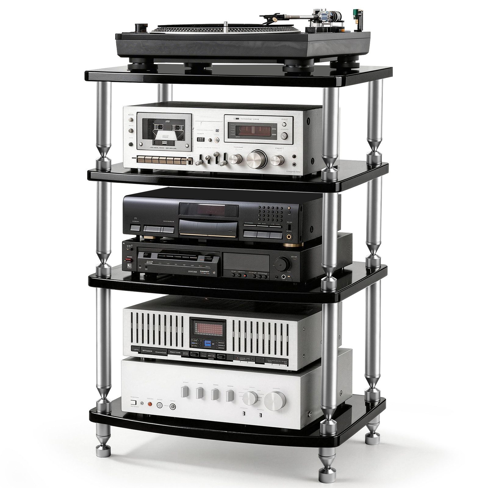 XERSEK Media-Regal HiFi Rack AV-Regal Phonoschrank Verstärker-Rack TV-Ständer 60×52×83 cm, 4-Stöckiges, Abstand Individuell Verstellbar für HiFi-Geräte