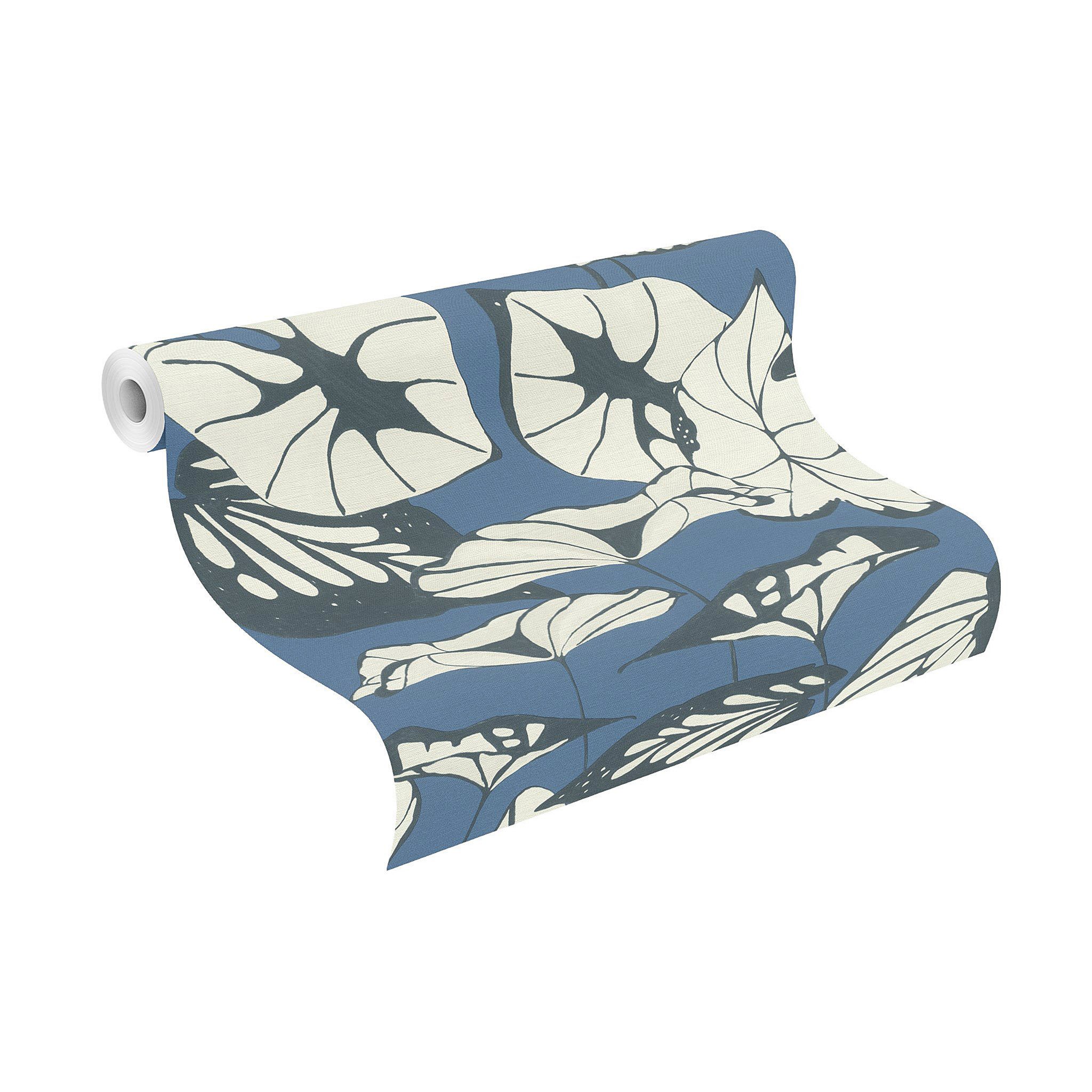 Rasch Vliestapete mit großen Blättern in Weiß auf Blau, strukturiert, tropisch, botanisch, Pflanzen, (1 Rolle, 1 St), Blätter, Pflanzen