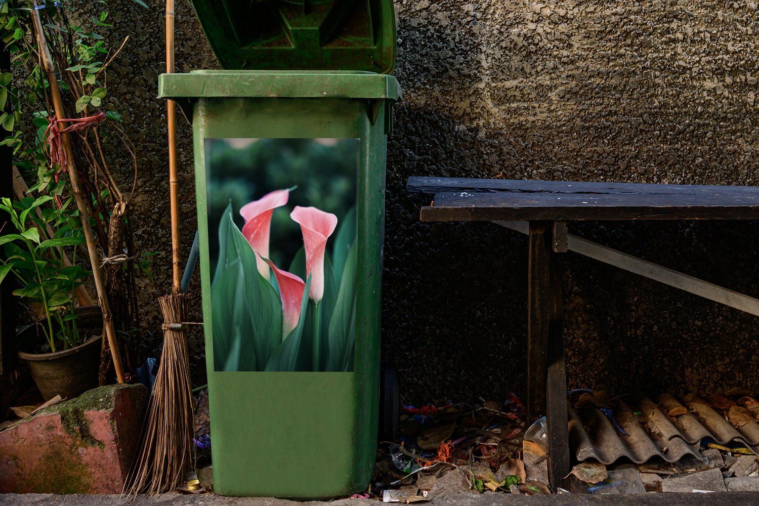 Container, Rosa Blumen Sticker, Blätter Mülleimer-aufkleber, (1 Mülltonne, St), - - MuchoWow Wandsticker Abfalbehälter