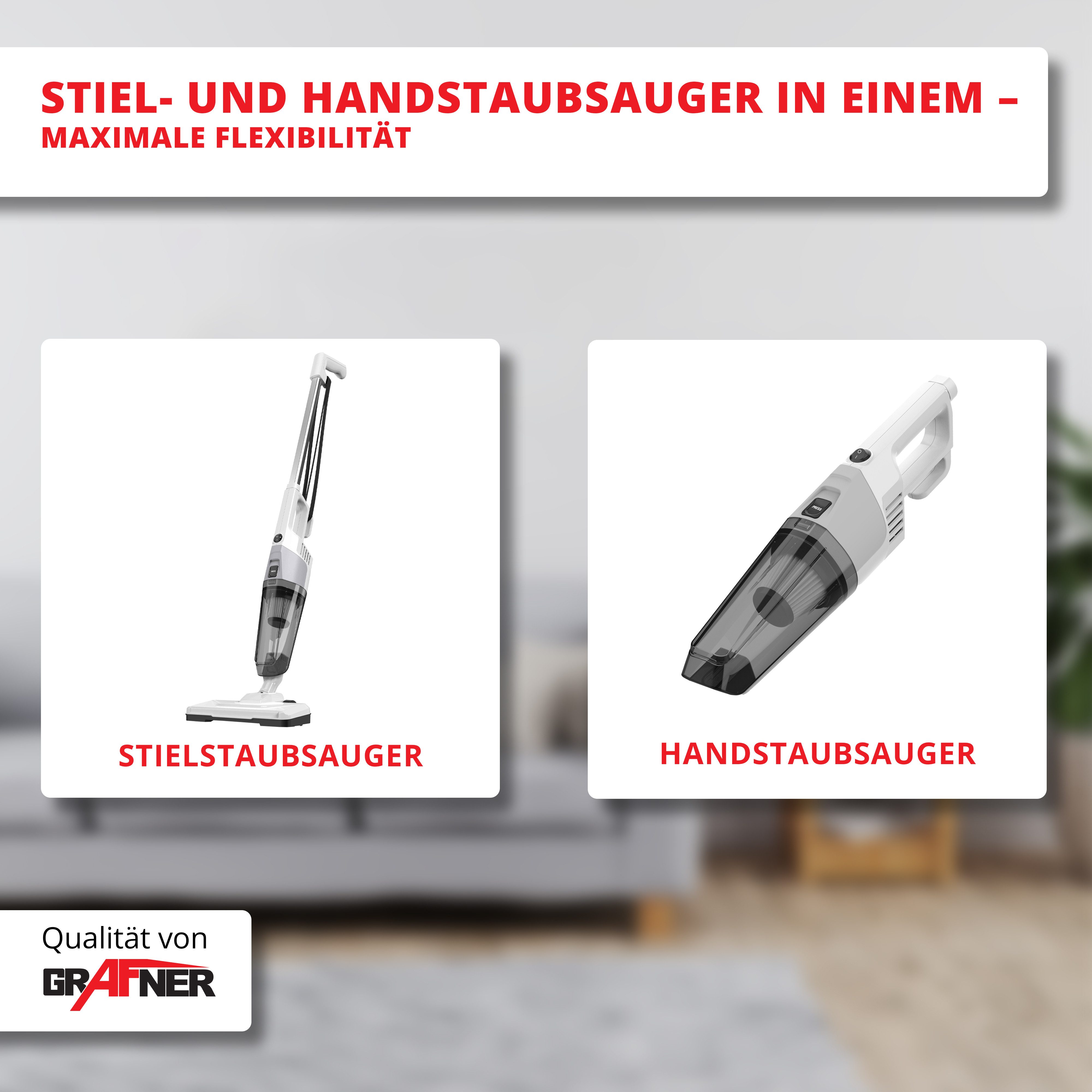 Grafner Stielstaubsauger Staubsauger Stielsauger 2in1 mit Hepa-Filter Handstaubsauger PS11101, 600,00 W, beutellos, 2in1-Funktion