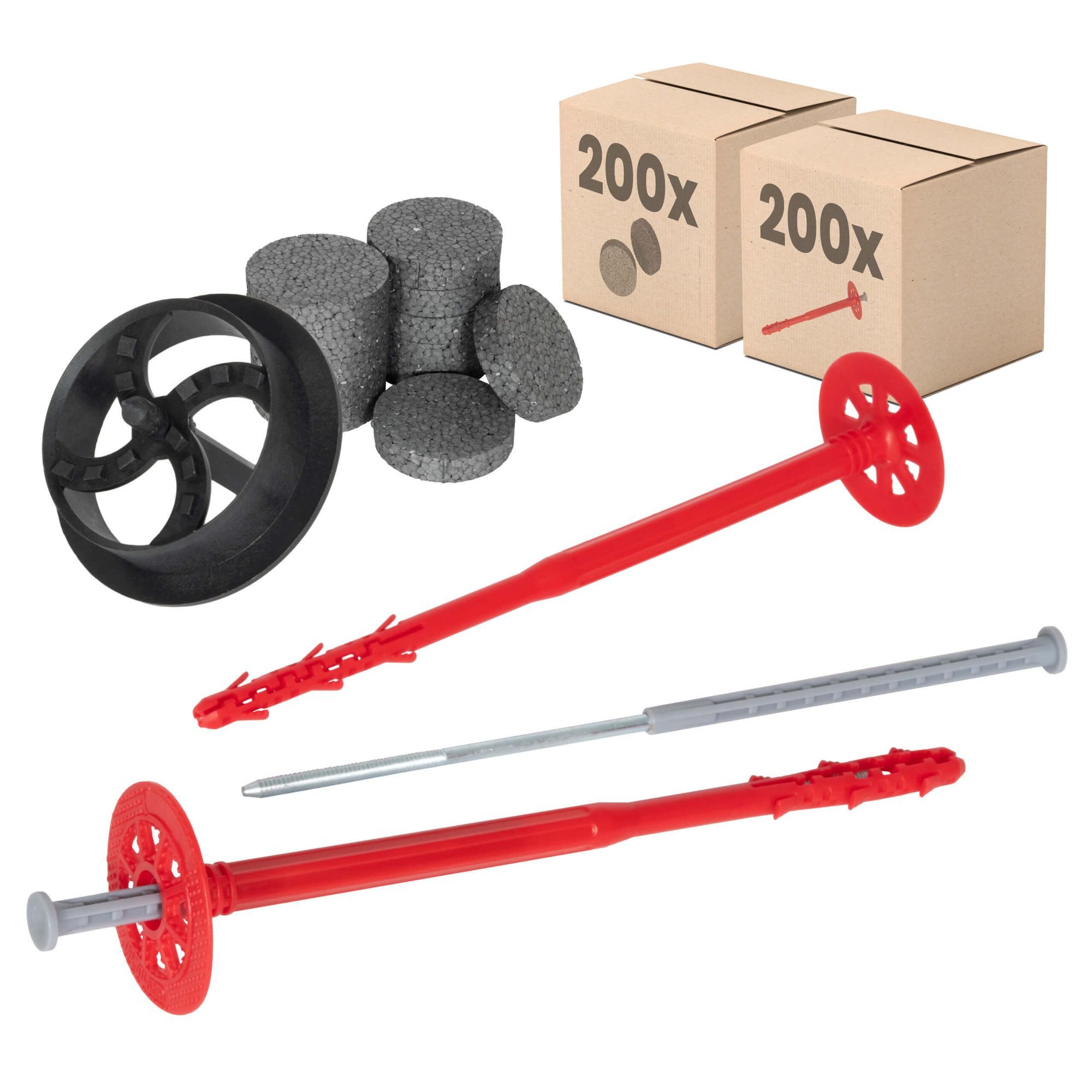 PROTEKTOR Schrauben- und Дюбель-Set Ізоляційні заглушки Ø10mm, Schlagdübel mit Stahlnagel für WDVS, (Dämmstoffdübel Set Ø10x240mm (200 Stück + 200 Rondelle + 1 Fräser), 400 St., Fassadendübel für WDVS und zur Befestigung von Fassadendämmung), ETA-zertifizierte Schlagdübel Tellerdübel für alle Nutzungskategorien