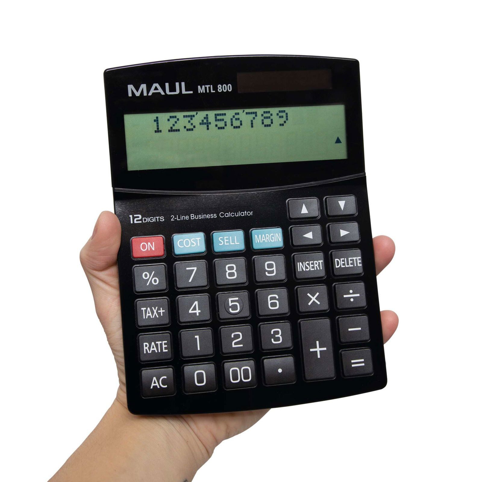 MAUL Taschenrechner mit kaufmännischen Funktionen, 12-stelliges Display mit 2 Zeilen, Steuerberechnung, Gewinnspannenberechnung, inkl. Gerätebeatterie