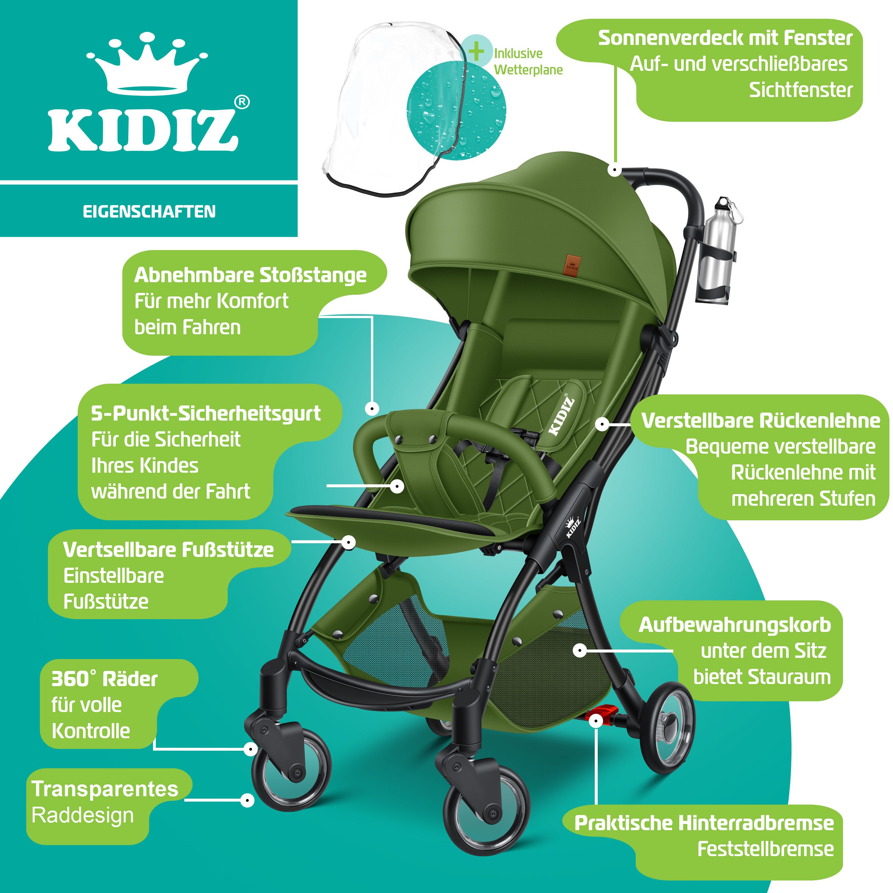 KIDIZ Kombi-Kinderwagen Sportwagen Faltbar, Buggy mit verstellbaren Rückenlehnen & 360° Räder, (Kinderbuggy Inkl. Getränkehalter, Regenabdeckung & Sonnenverdeck), Liegebuggy mit 5-Punkt Gurt & Abnehmbare Stoßstange