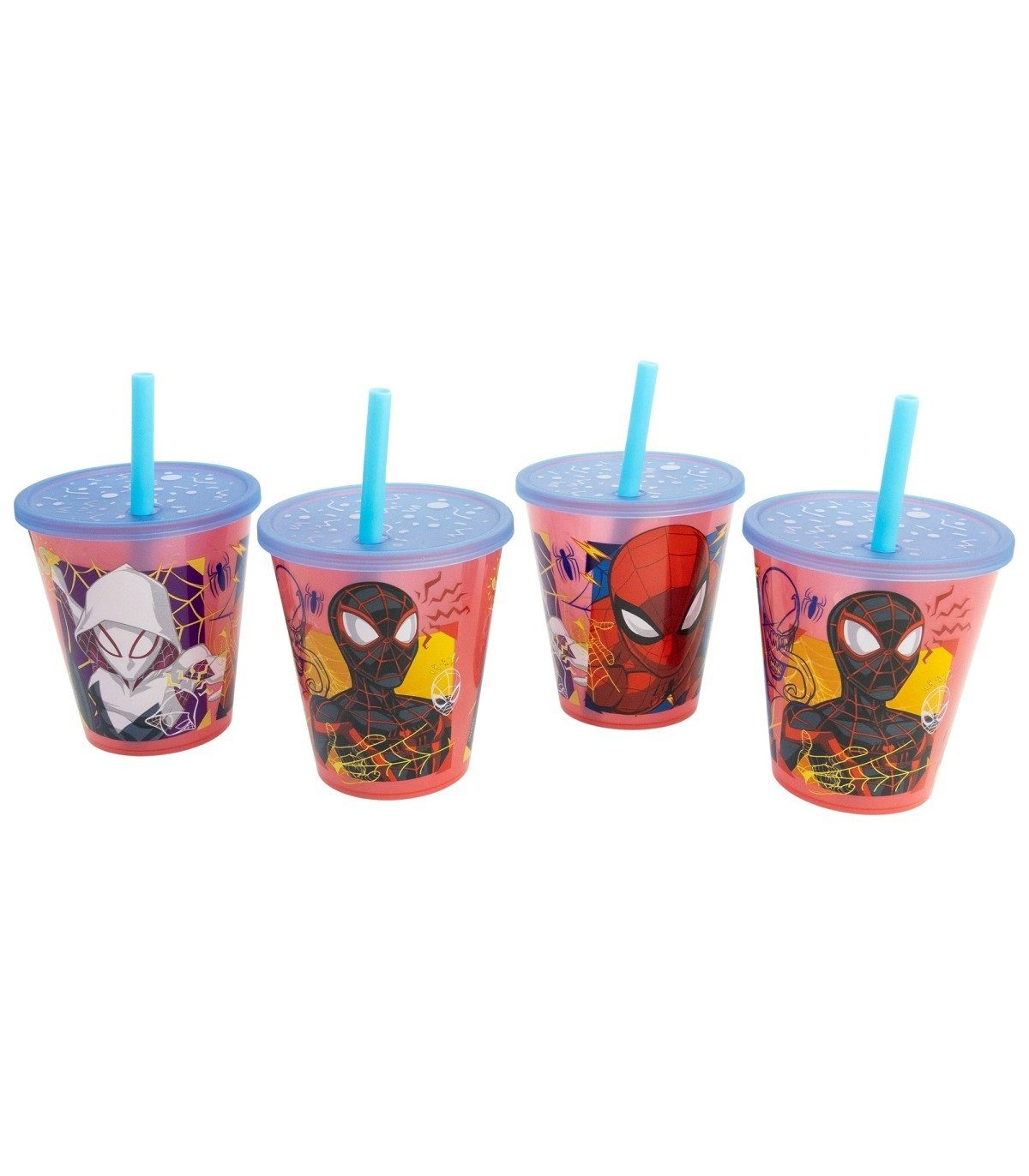 Spiderman Becher Kinder Becher Set 4 teilig 285 ml Becher mit Trinkhalm, 4-tlg.