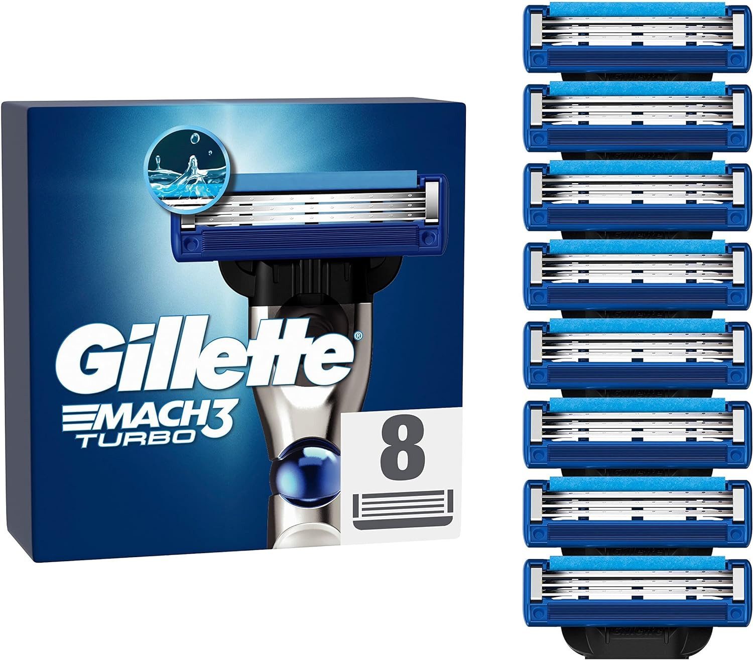 Gillette Rasierklingen Mach3 Turbo Rasurklingen Nassrasierer Ersatzklingen 3-fach-Klinge, 1-tlg., - 8 Klingen, Edelstahl, rostfrei