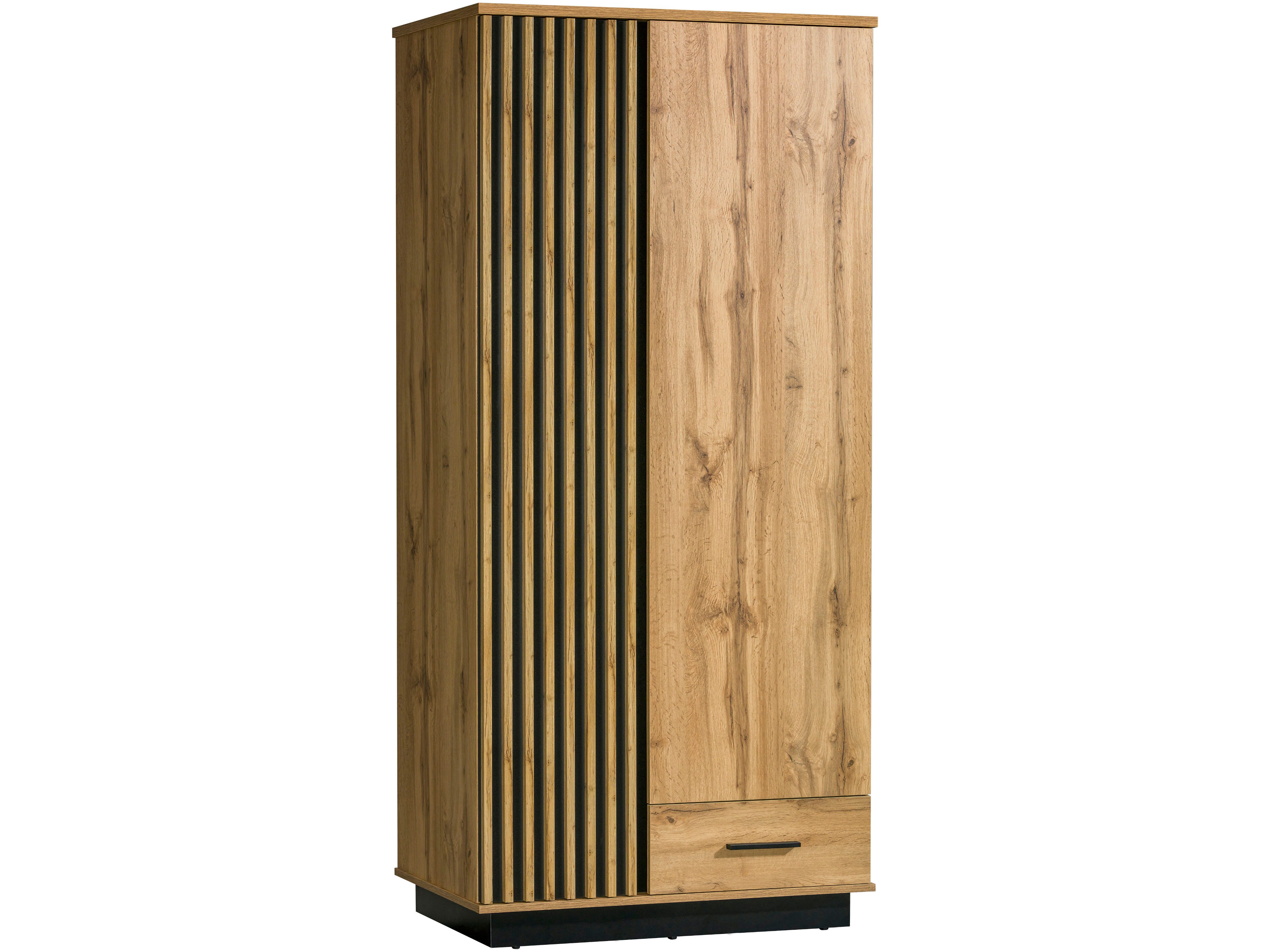 Beautysofa Kleiderschrank LAMELO Drehtürenschrank mit Lamellen (Eiche Wotan/Schwarz, modernes Loft-Design) mit Schublade und Kleiderstange