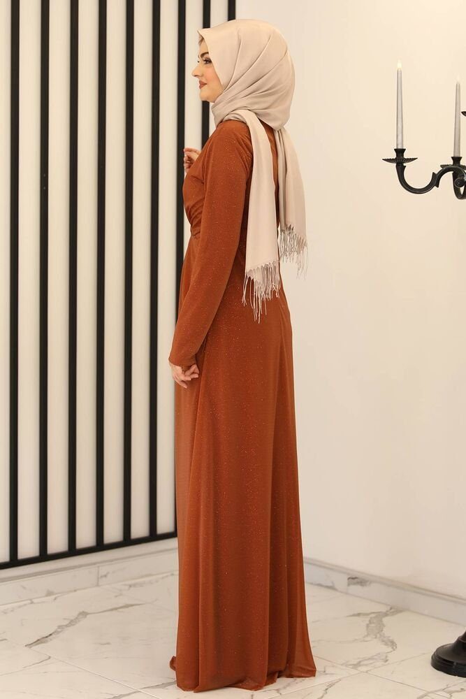 Modavitrini Abendkleid Damen Maxikleid Abiye Abaya Hijab Kleid Modest Fashion (AYLA) silbriger glänzender Stoff