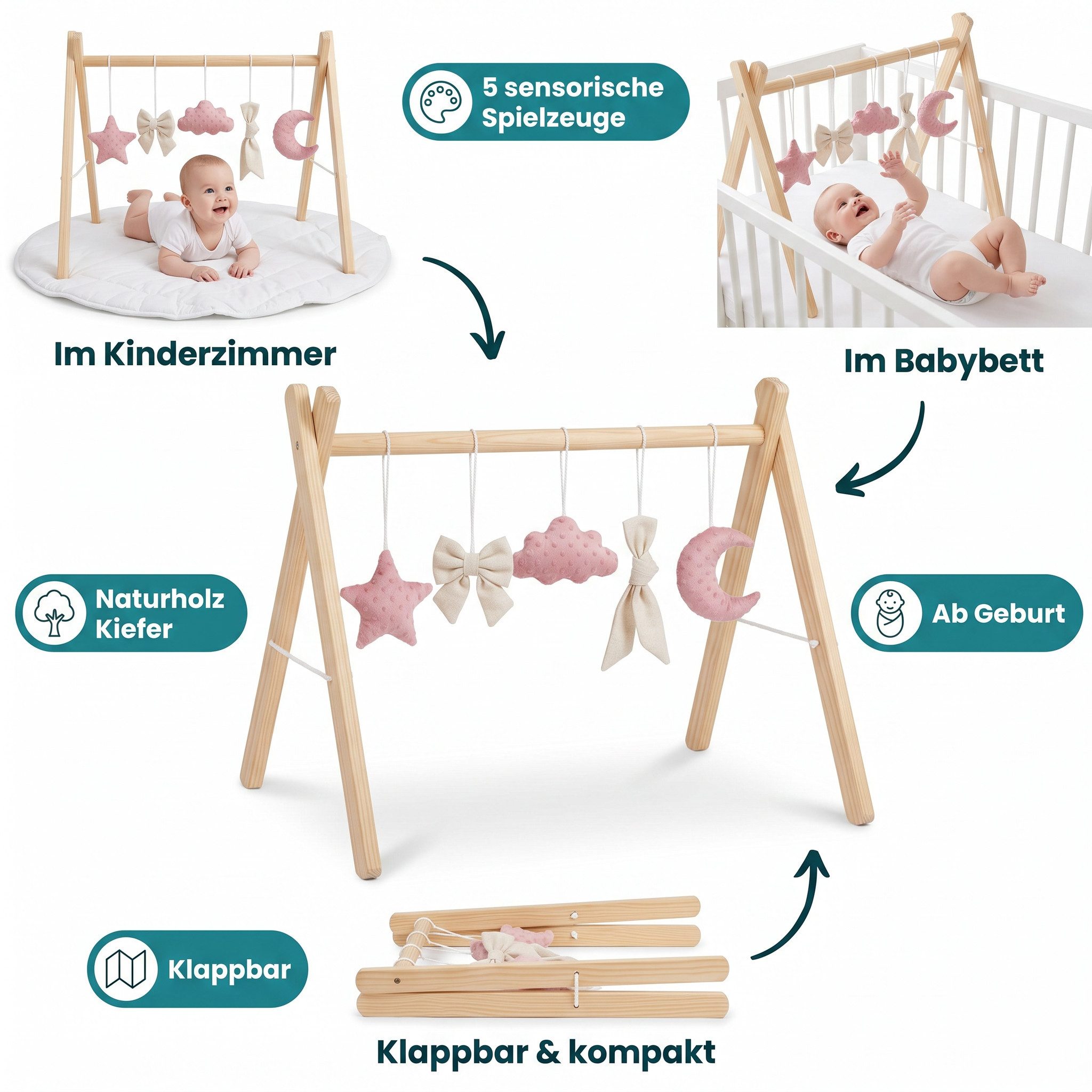 LuMali Baby Gym Holz Spielbogen klappbar 5 Spielzeuge 41x58x49cm Naturholz Kiefer, Spieltrapez Neugeborene sensorisch handgemacht faltbar leicht Geschenk