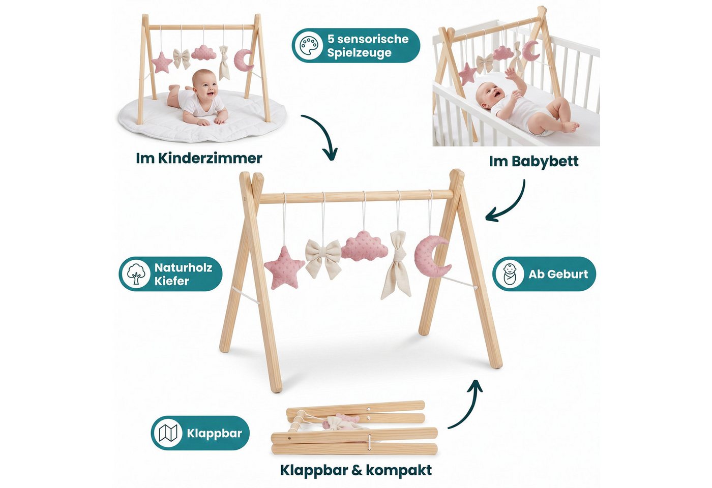 LuMali Baby Gym Holz Spielbogen klappbar 5 Spielzeuge 41x58x49cm Naturholz Kiefer, Spieltrapez Neugeborene sensorisch handgemacht faltbar leicht Geschenk
