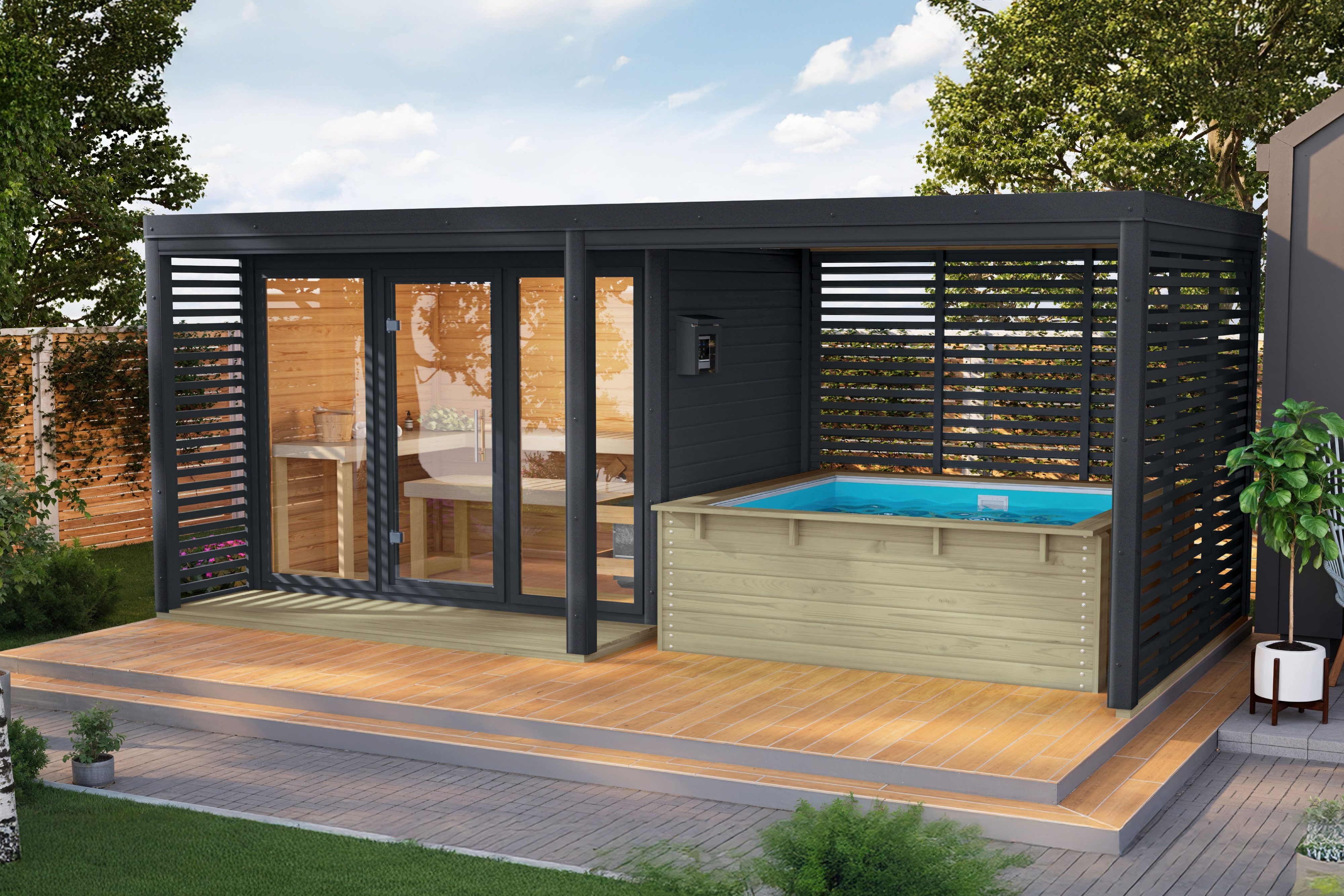 Karibu Saunahaus Saunahaus Angelus XL mit Anbaudach und Minipool, nordisches Fichtenholz, Made in Germany