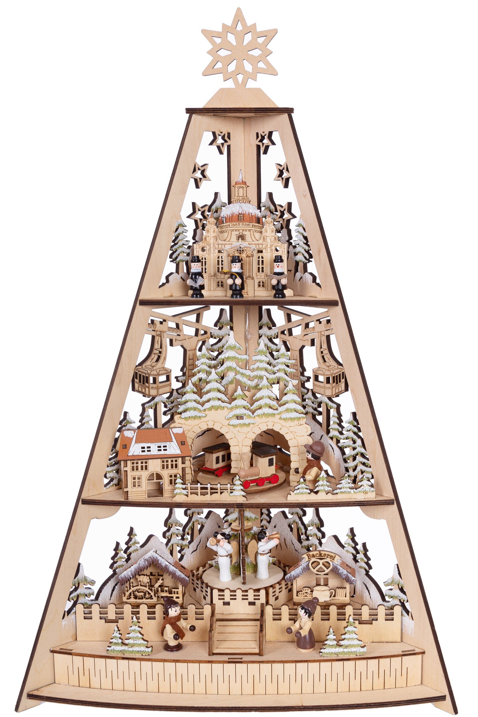 Wohnando Weihnachtsdorf Holz-Weihnachtsbaum mit 3 winterlichen Szenen und Weihnachtsmusik