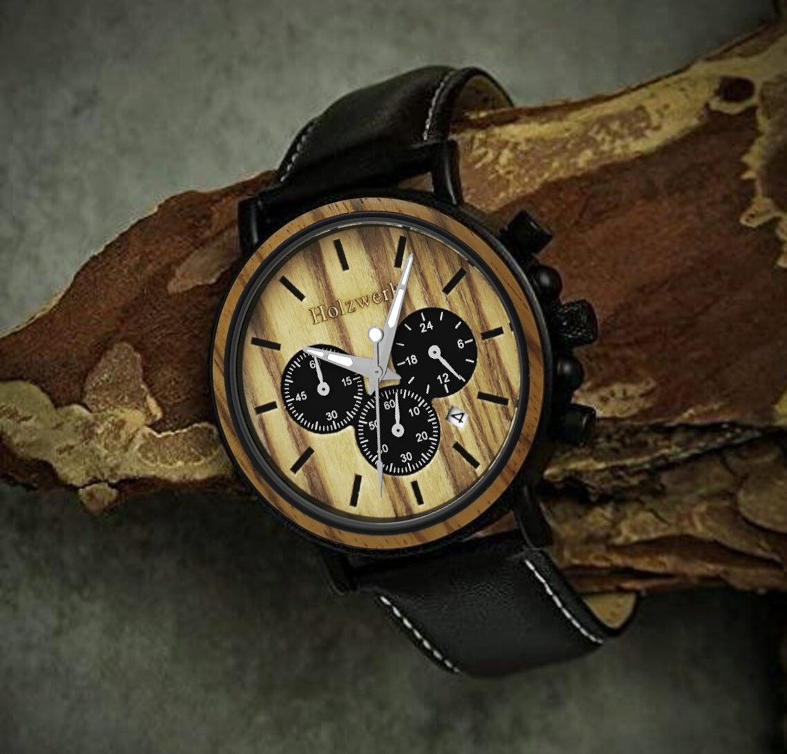 Holzwerk Chronograph BERGA Herren Edelstahl & Holz Uhr mit Leder Armband in günstig online kaufen
