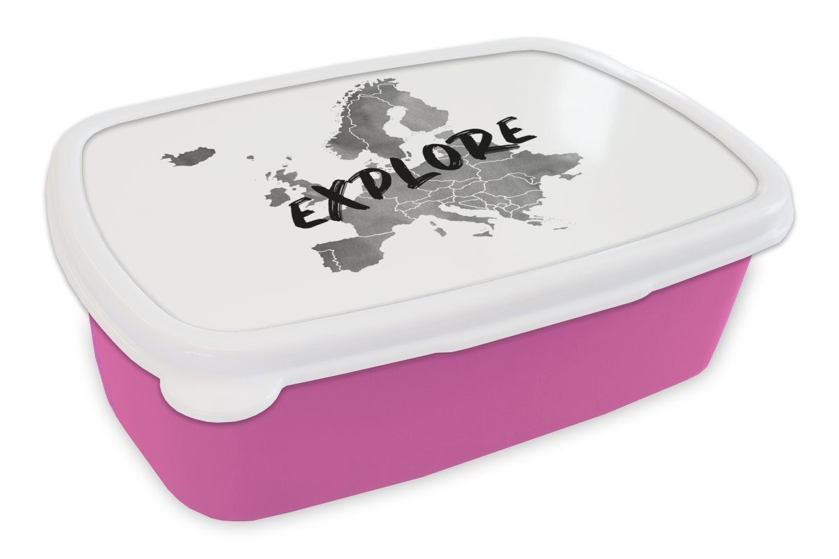 MuchoWow Lunchbox Europa-Karte in grauer Aquarellfarbe mit dem Text "Explore" über den, Kunststoff, (2-tlg), Brotbox für Erwachsene, Brotdose Kinder, Snackbox, Mädchen, Kunststoff rosa