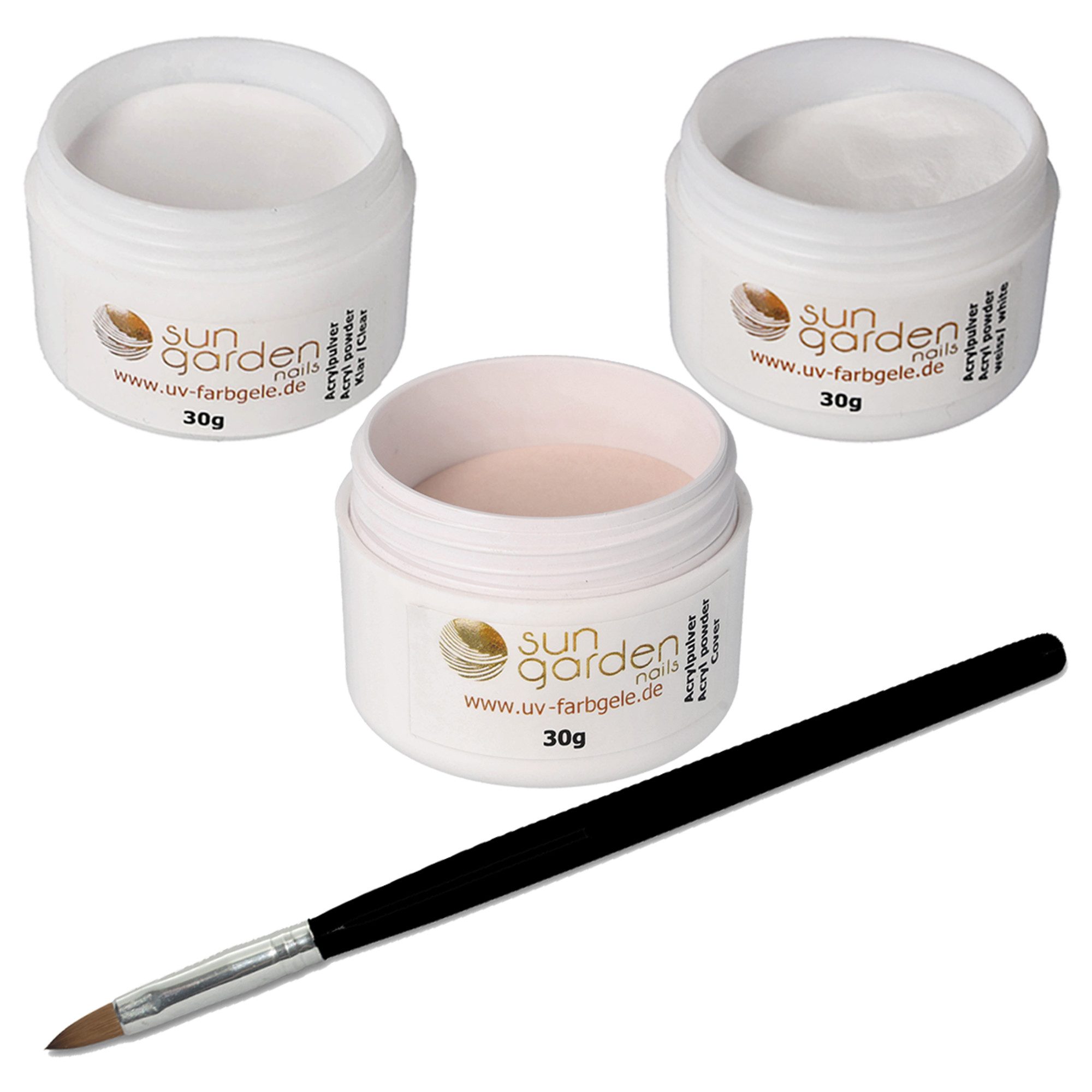 UV-Nagellack-Set Acryl Pulver Set 3x 30g (klar, cover, weiß) inkl. Acryl Pinsel
