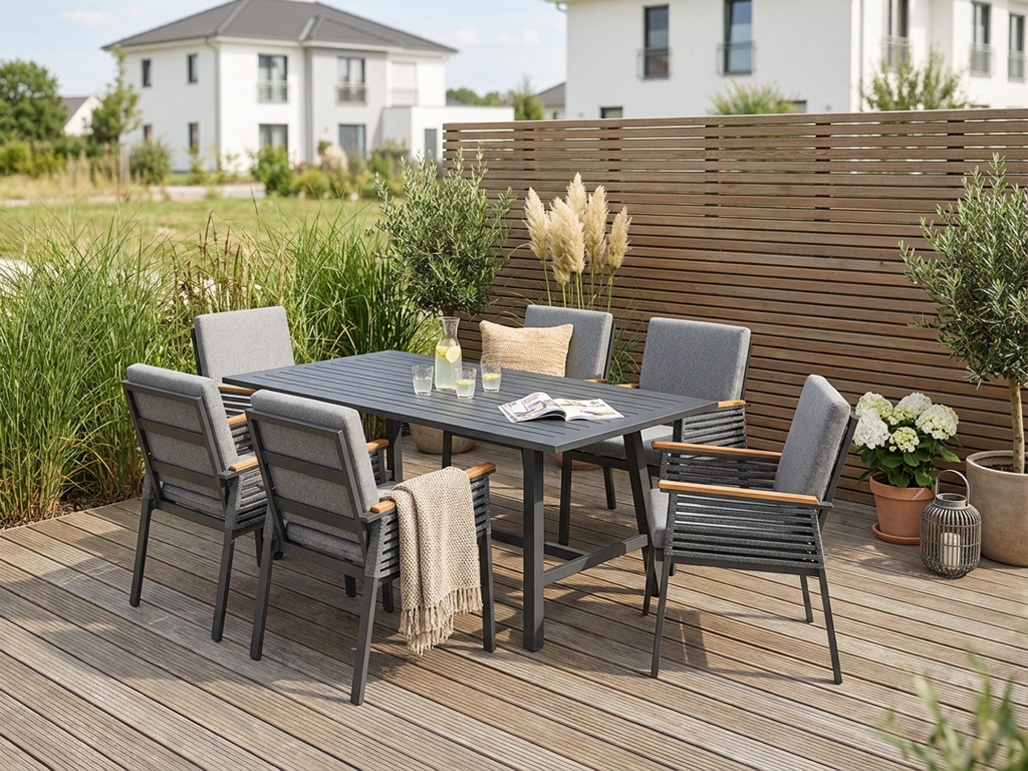 KONIFERA Garten-Essgruppe Edessa, TOPSELLER!, (Set, 19-tlg., 6x Sessel, 6x Sitzauflagen, 6x Rückenauflagen,1x Tisch), Tischplatte aus Alu-Lamellen,Armlehne mit Seilgeflecht&Noonwood-Latten