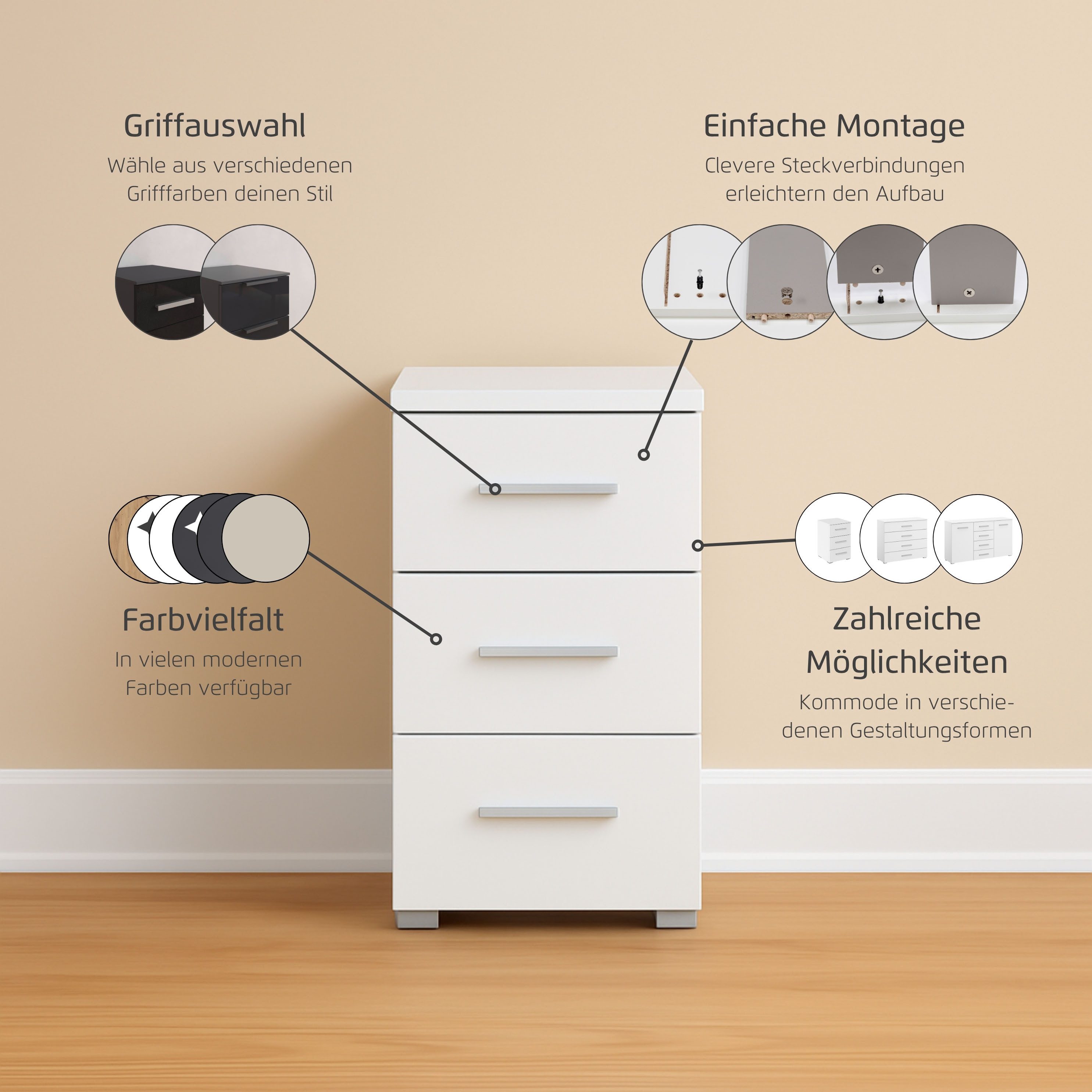 OTTO home Nachtkommode Nachttisch Nachtschrank Schubladen Sideboard Schubladenkommode KOLUNA (Breite 40 cm mit moderner Dekorfront), mit 3 geräumigen Schubladen für viel Stauraum MADE IN GERMANY