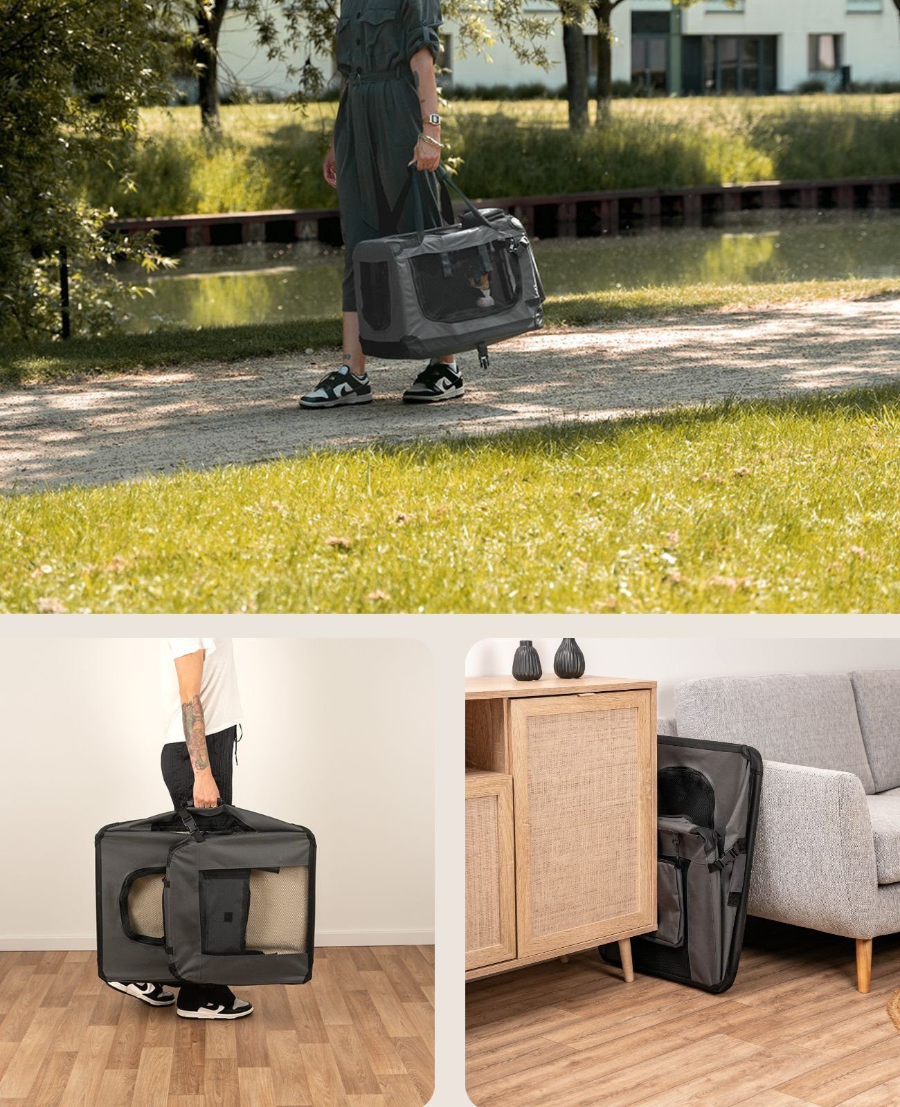 lionto Tiertransportbox für Katzen, leicht und komfortabel aus Textil bis 10 kg, 50x36x34 cm, grau