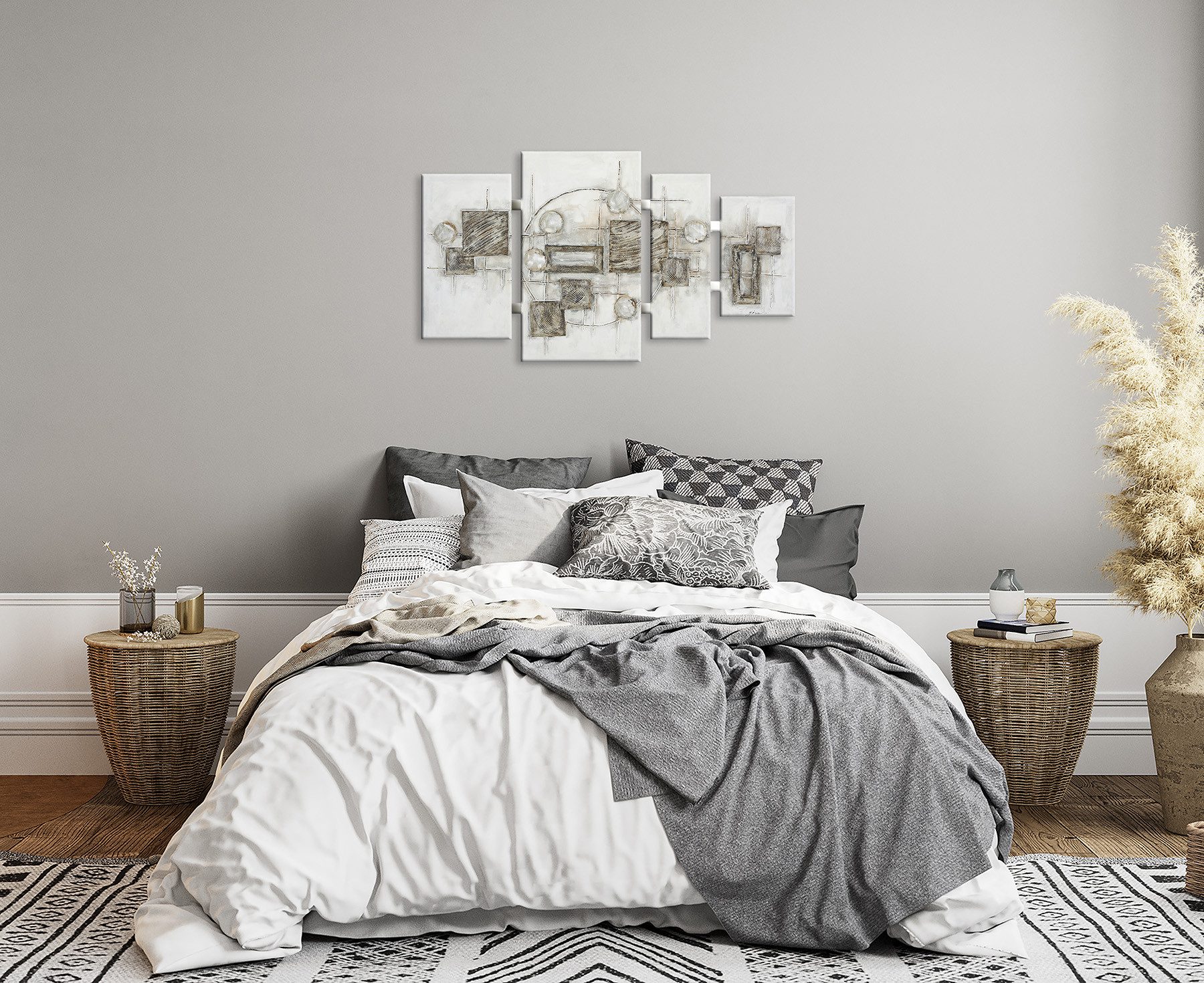 Bönninghoff Ölgemälde handarbeit 4-teilig QUADRATE ABSTRAKT 70x124 cm – Wandbild, Abstrakt, Formen, Muster, handgefertigt, jedes Bild ein Unikat