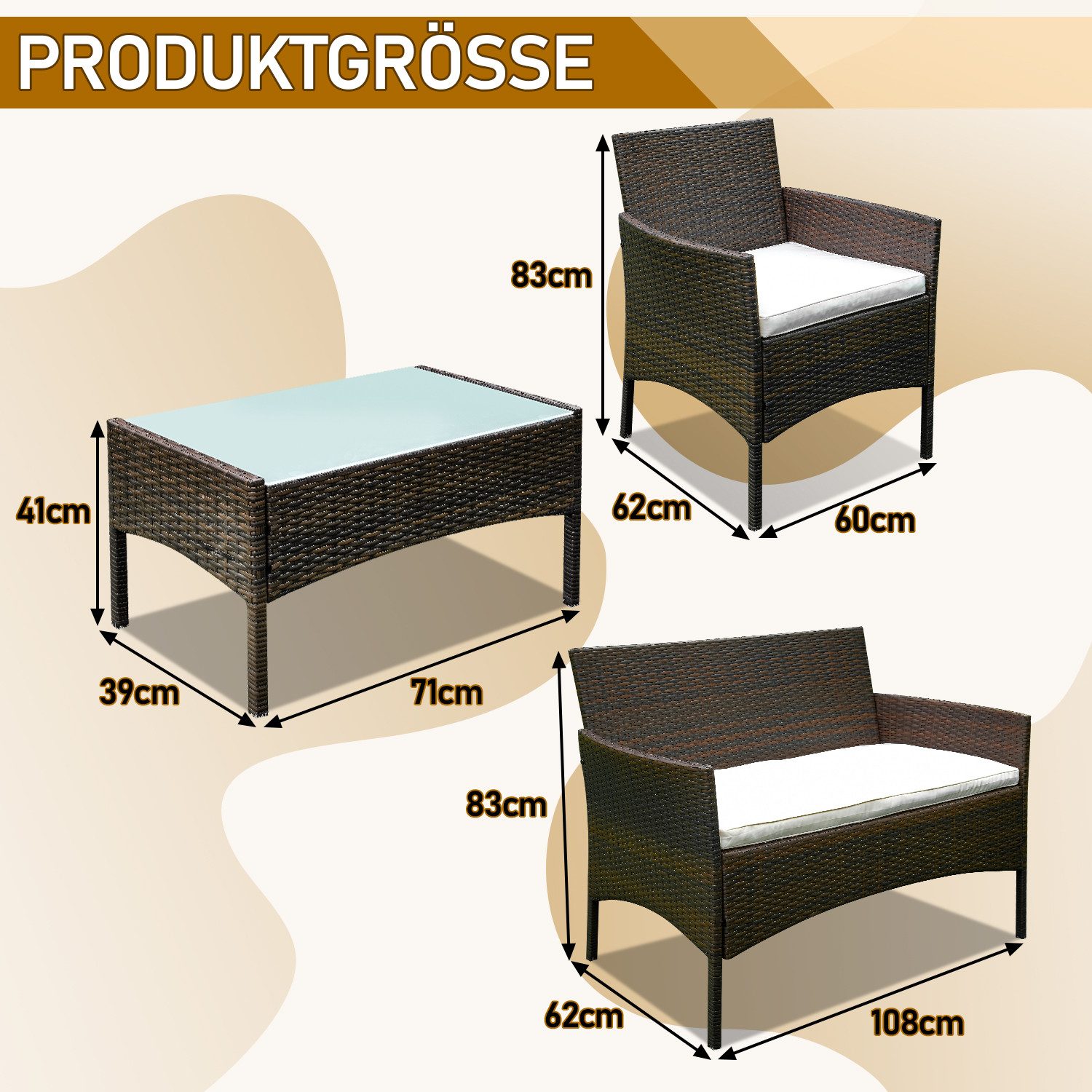 Clanmacy Gartenlounge-Set 4-tlg Wetterfeste Polyrattan Sitzgruppe für 4 Personen Braun, (4-tlg)