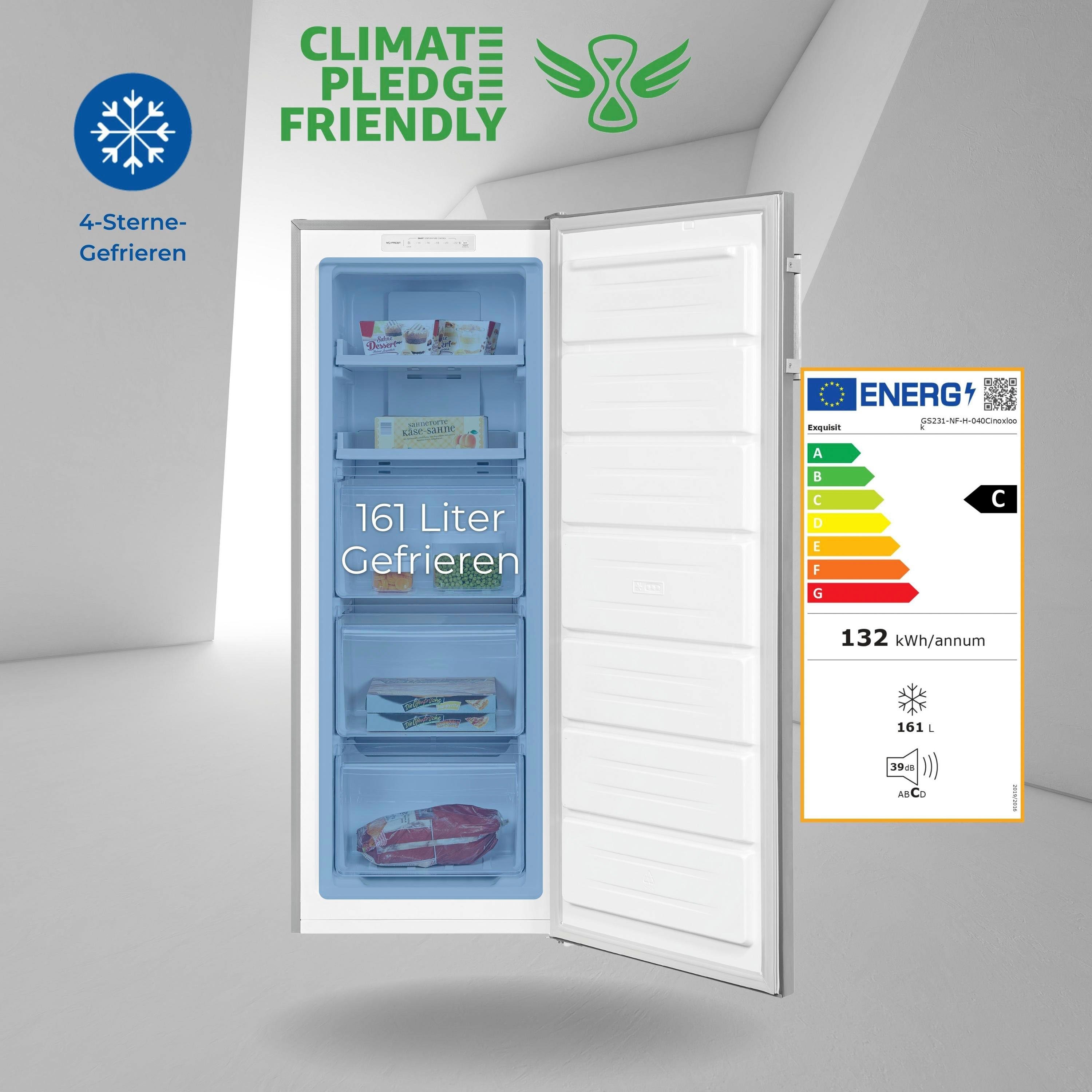 exquisit Gefrierschrank NoFrost GS231-NF-H-040Cinoxlook, 143 cm hoch, 54 cm breit, 4*-Gefrierschrank No Frost mit LED-Anzeige & praktischem Griff – Bild 5 von 5