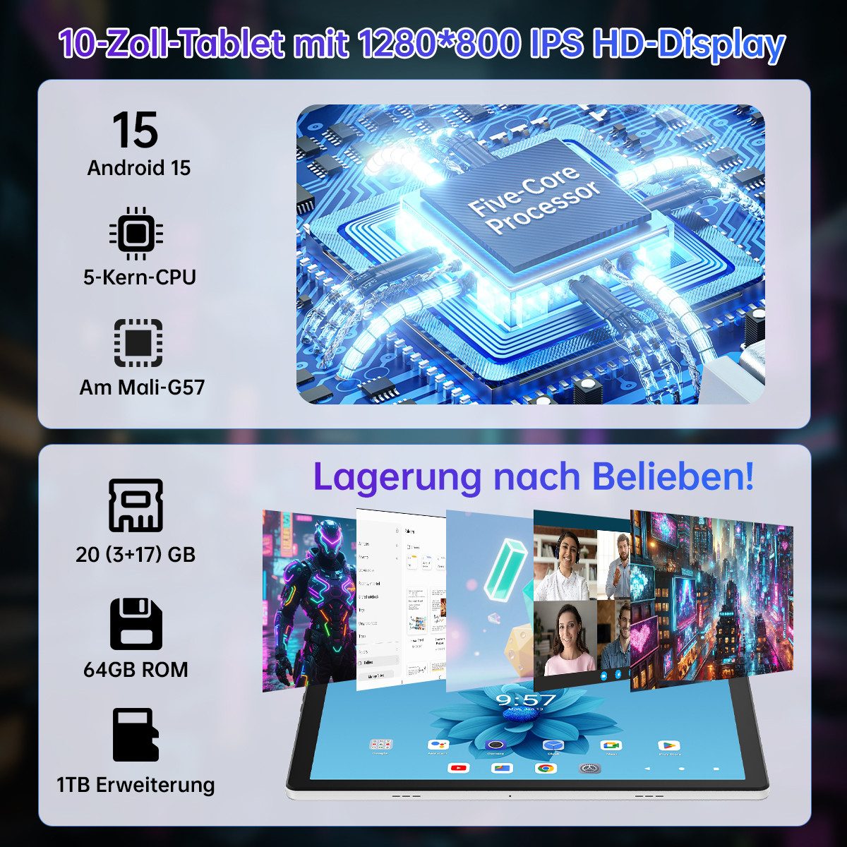 BUFO Tablet 64 GB 1280x800 IPS 5000 mAh Android Tablet (10", 64 GB, Android, WiFi, Große Kapazität)