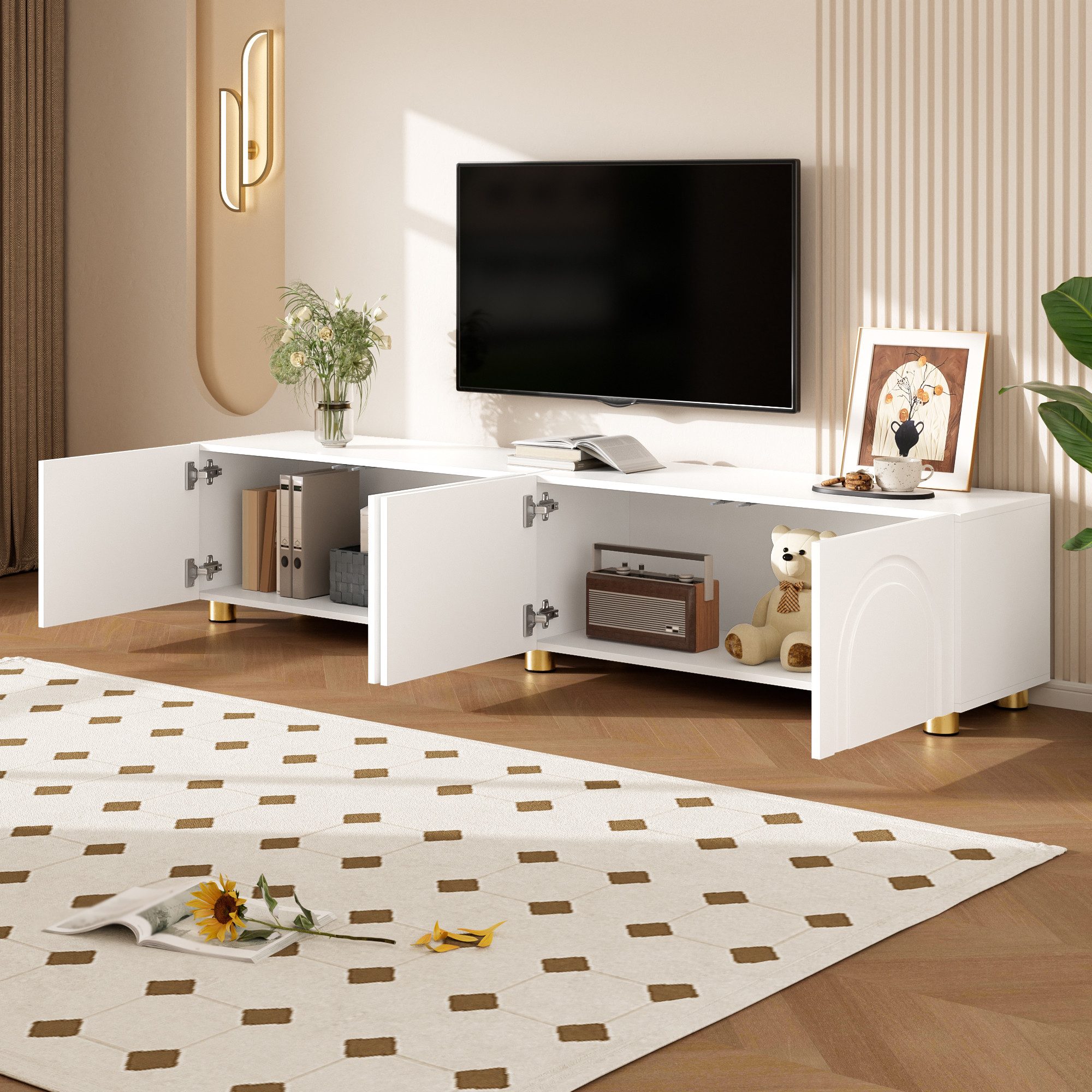 Merax Lowboard mit Bogenrelief und Metallfüßen (180 x 35 x 40 cm (L x B x H), 1 St), TV-Board TV-Schrank mit 4 Türen & großem Stauraum