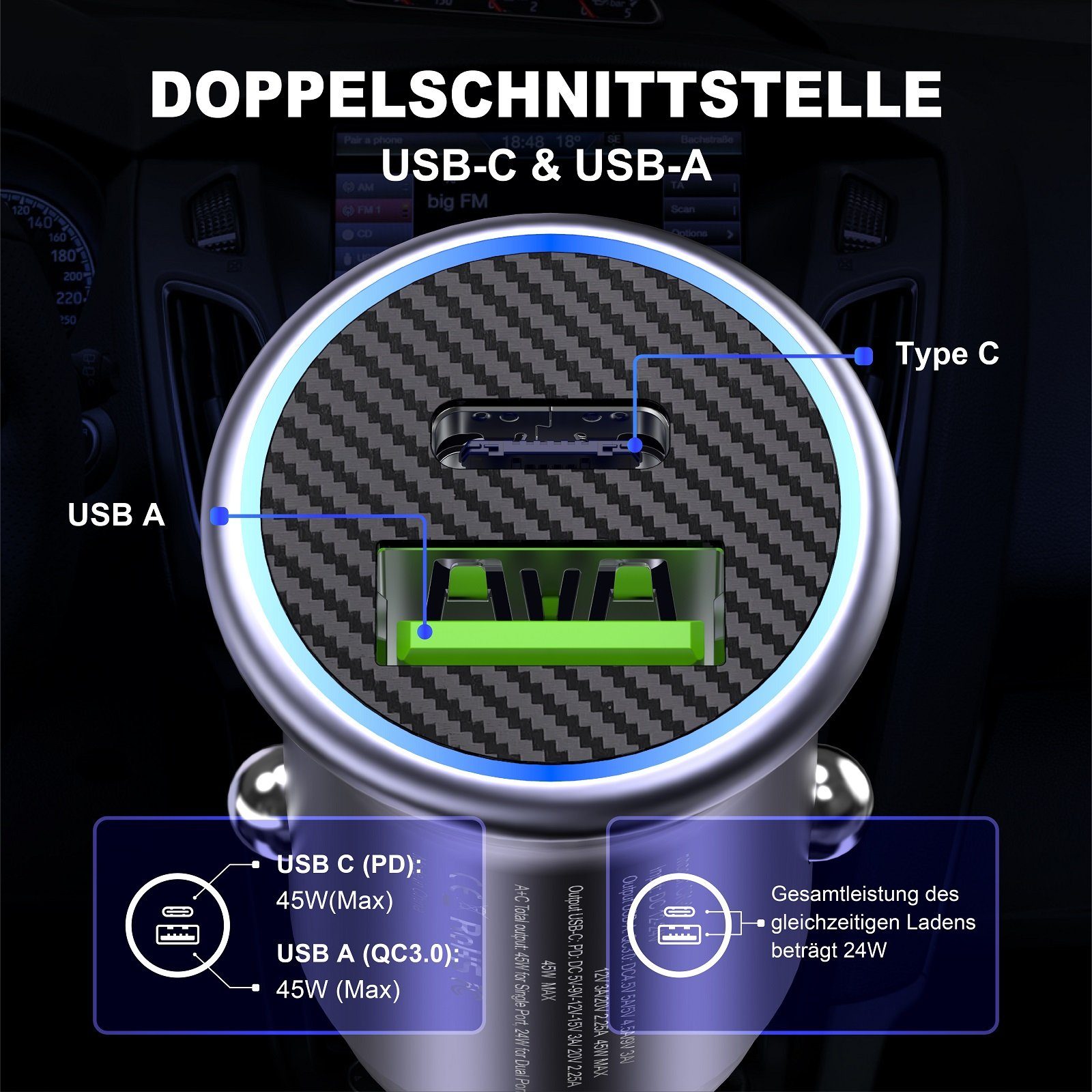 neue dawn 45W USB KFZ Ladegerät Auto Schnellladegerät für iPhone Samsung Huawei USB-Ladegerät (für Samsung Galaxy S25 S24 S23 S22 S22+ S21 A56 A17 A54 A26 A55 A34, für iPhone 17 pro max/17/17 pro/Air/16e/16 15 14 13 12 pro max)