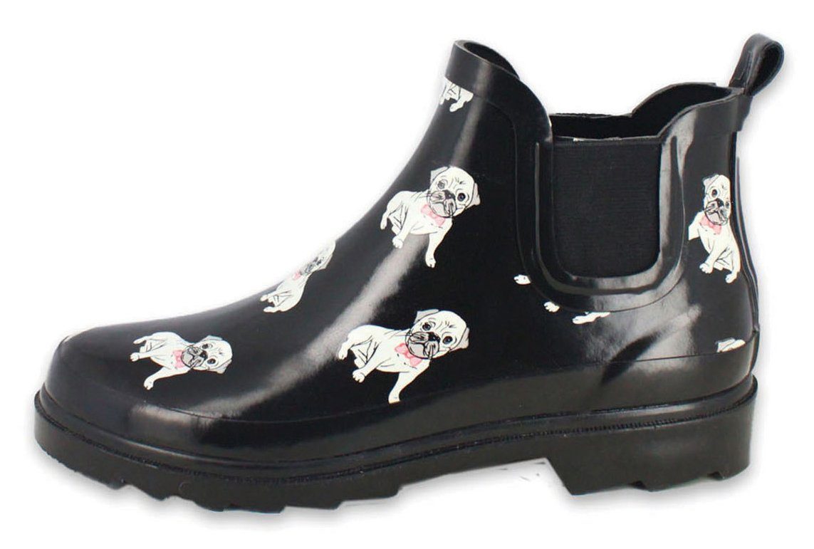 Damen Chelsea Gummistiefel Möpse Gummistiefel