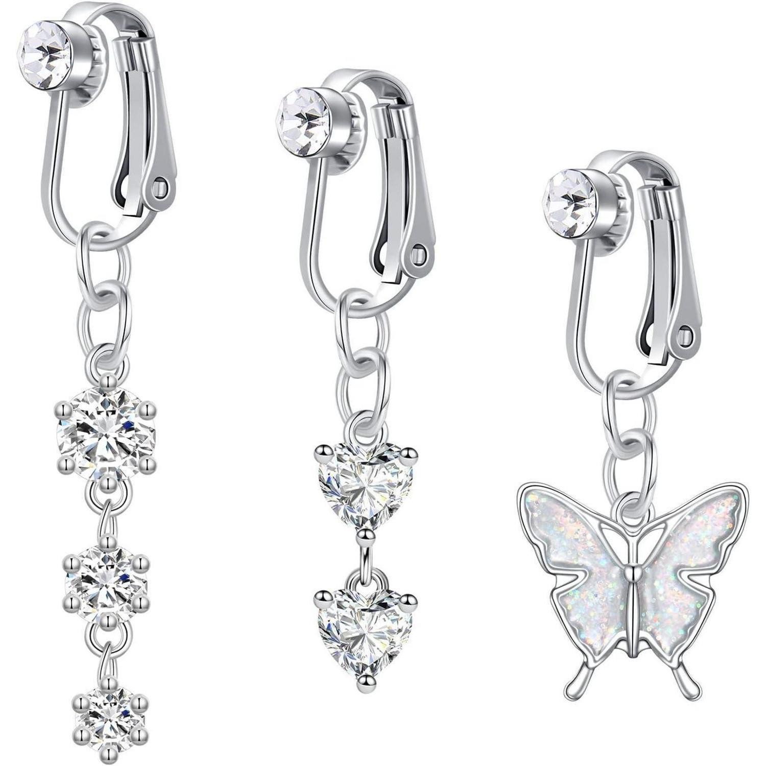 Crdifu Bauchnabelpiercing-Set 3er Fake Bauchnabelpiercing Clips Silber 316L Chirurgenstahl