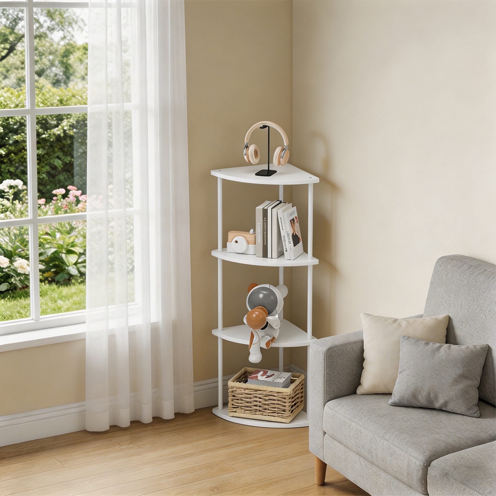 JEOBEST Eckregal Bücherregal mit 4 Ebenen, Aufbewahrungsregal, Pflanzenregal, H: 93cm, Industrial-Design, mit Stahlrahmen – Bild 2 von 5