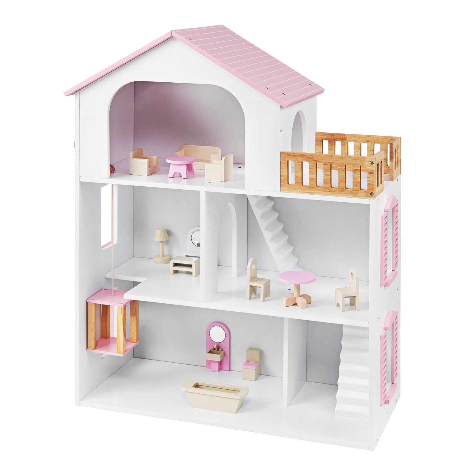 COSTWAY Puppenhaus aus Holz mit 3 Etagen, Puppenvilla mit 5 Räumen, 16 Möbeln-Set & hebbarer Aufzug
