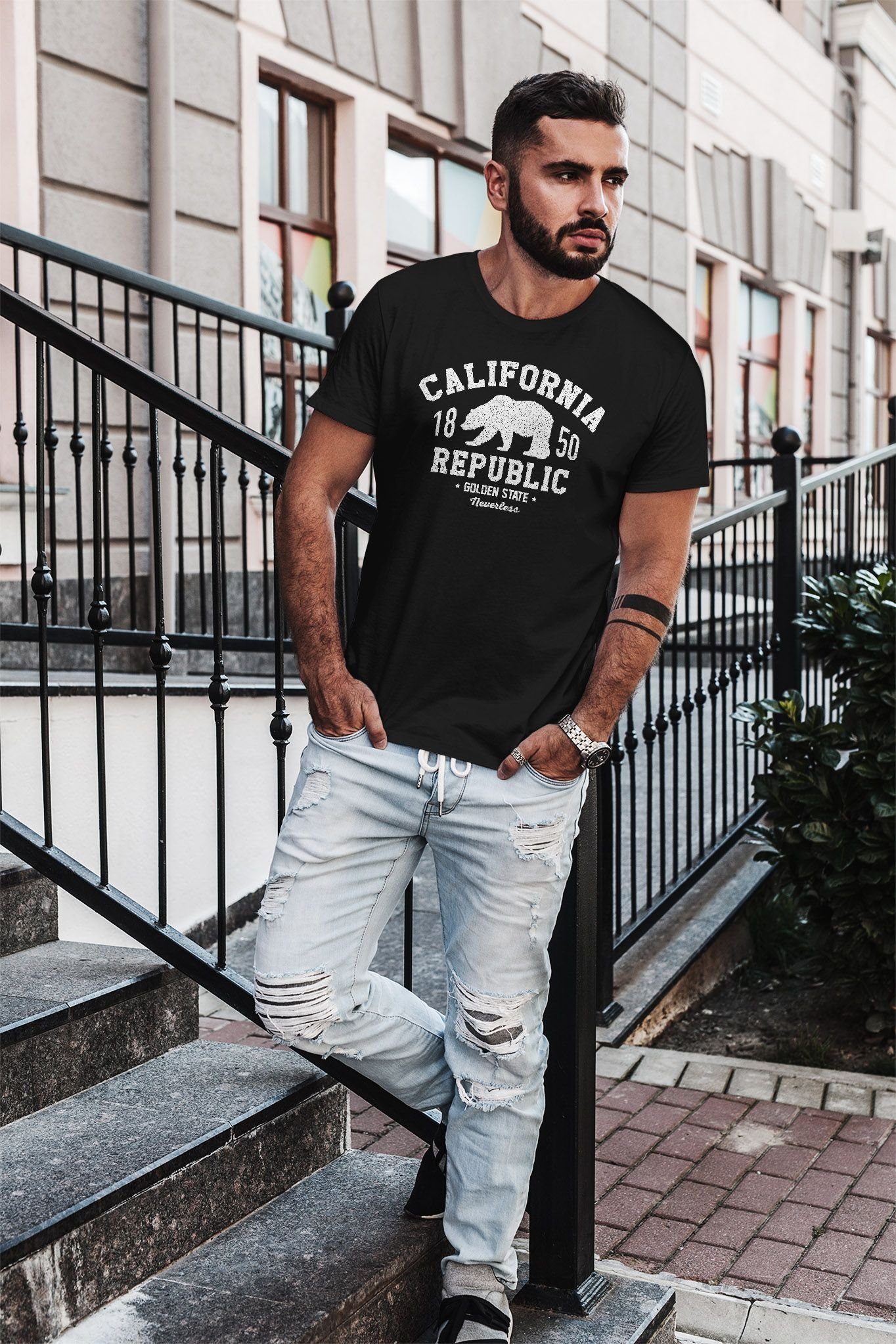 Neverless Print-Shirt Herren T-Shirt California Republic Kalifornien Golden State Grizzly mit Print