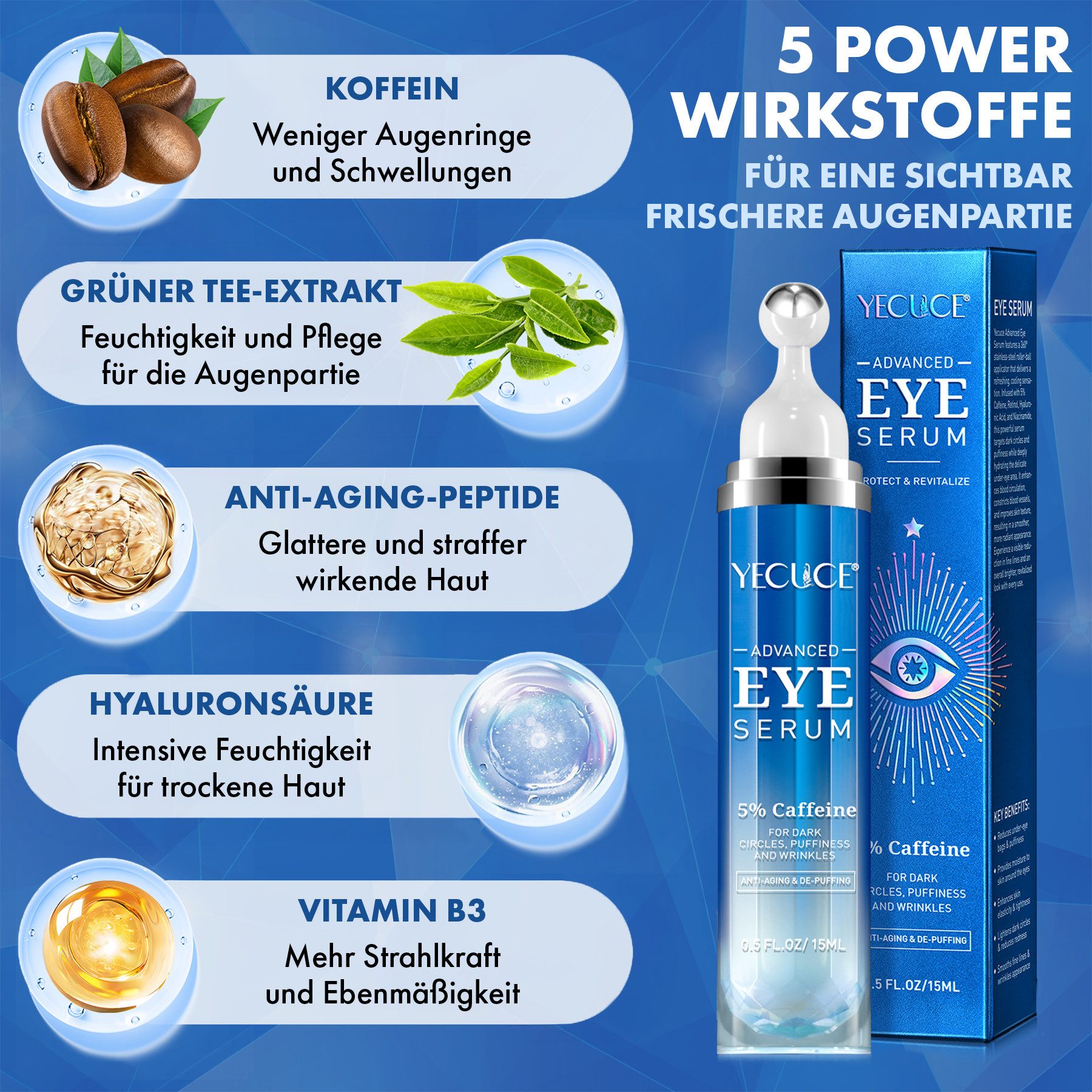 ALIVER Augenserum Augencreme gegen Augenringe Falten Schwellungen mit Retinol Koffein, 3-tlg., Augenschatten, Falten, Fatigue/Müdigkeit, Flüssigkeitszufuhr