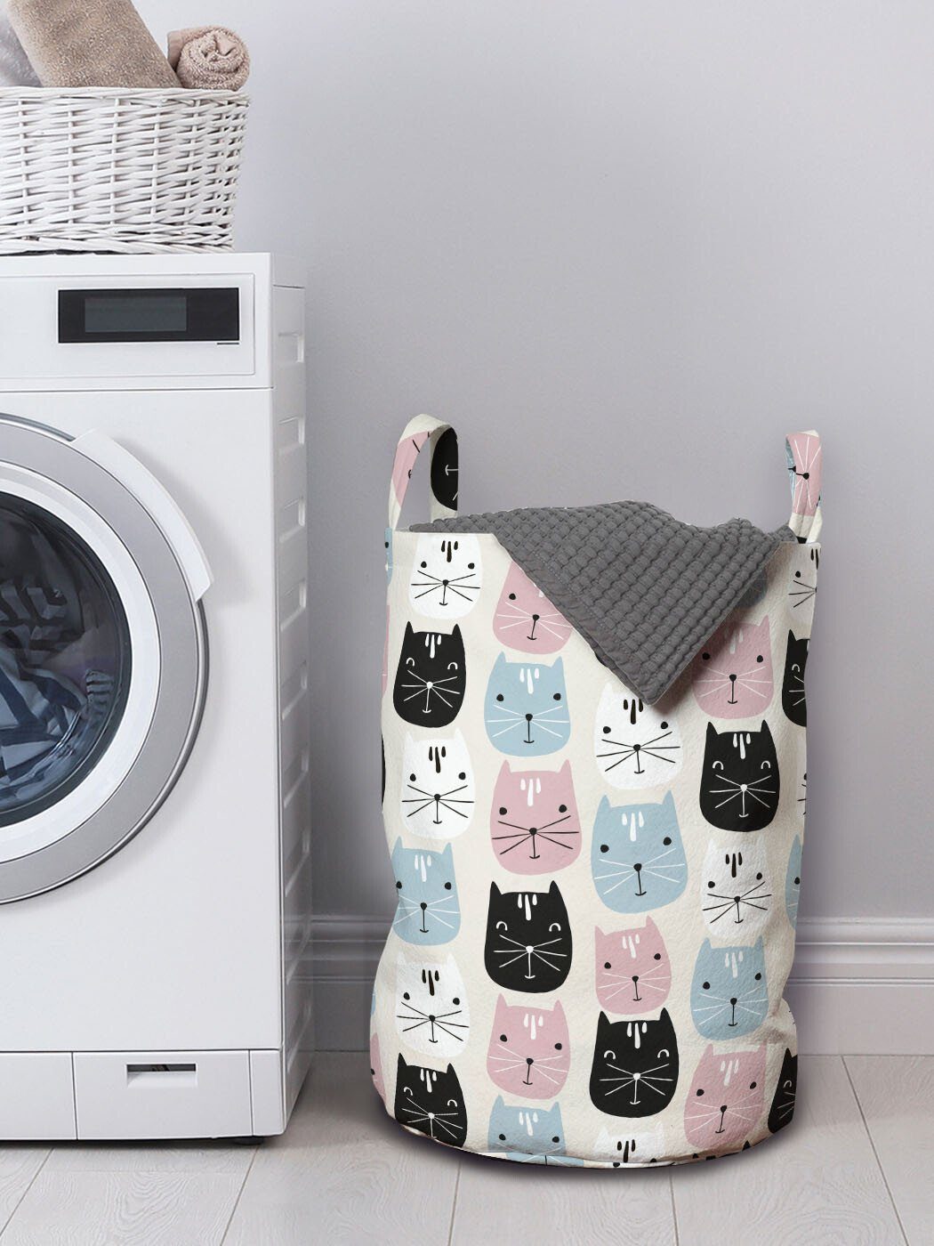 Stil Abakuhaus mit Waschsalons, Wäschesäckchen Kordelzugverschluss Katze Griffen Muster Kätzchen für Doodle Wäschekorb