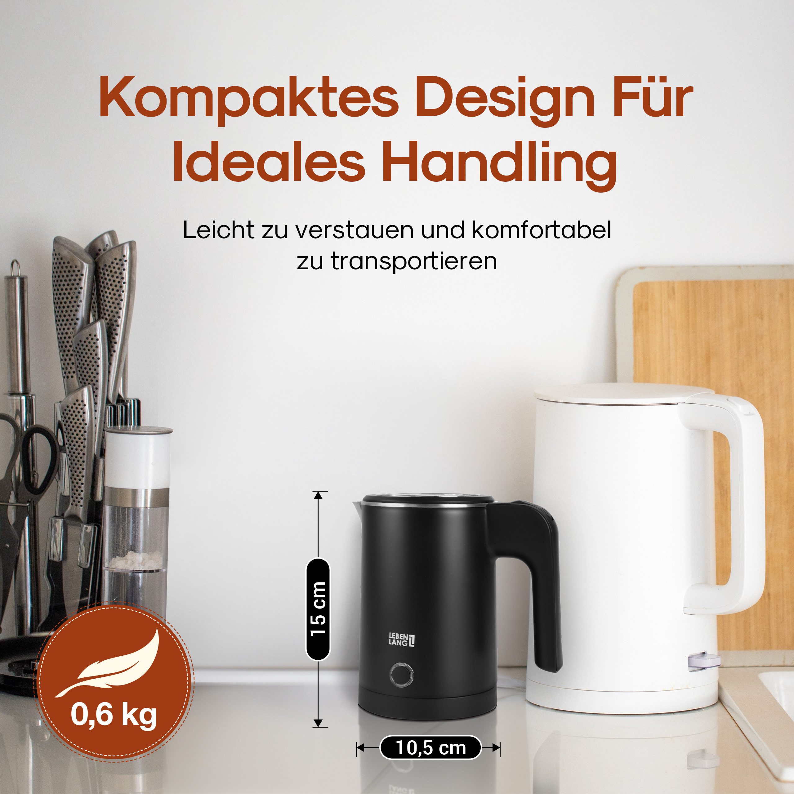 Lebenlang Reise-Wasserkocher Klein & Handlich, Ideal für die Reise, In Schwarz & Weiß, 600,00 W, Energieeffizienz I BPA-frei I Tragbares Design I Edelstahlgehäuse